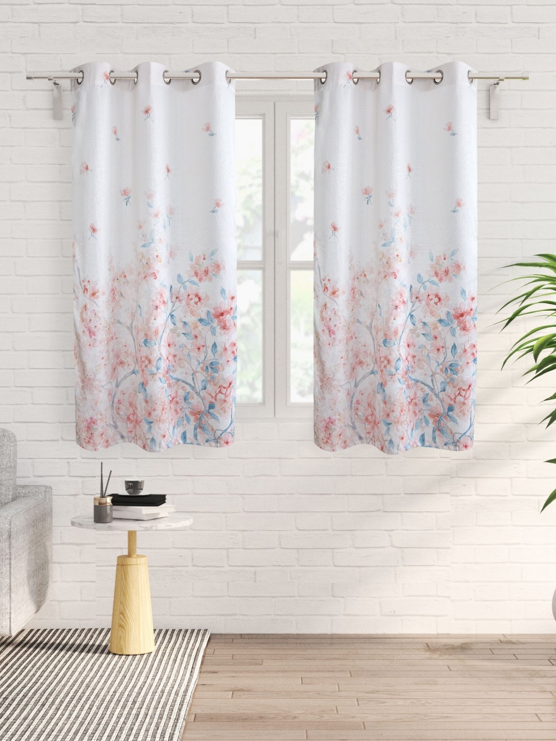 Home Centre Off White & Peach-Coloured Set of 2 Floral Window Curtain