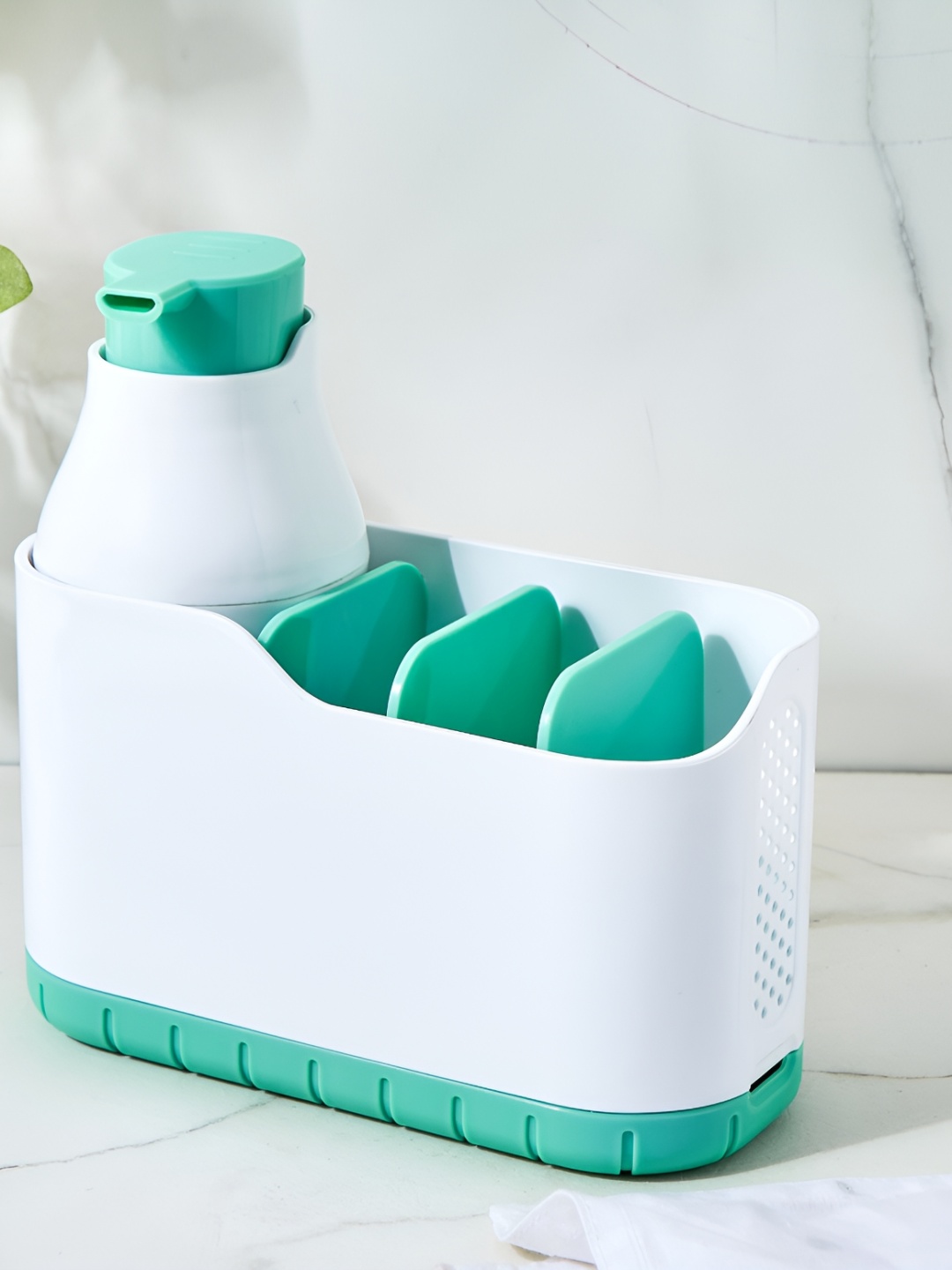 

Home Centre White & Green Solid Polypropylene Soap Dispenser with Holder - 240ml