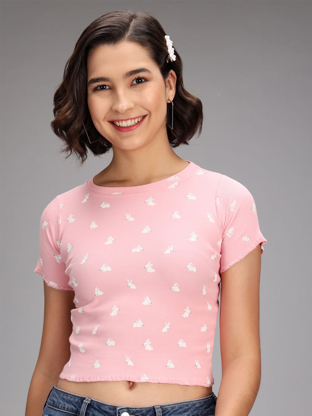 

TANDUL Women Printed Short Sleeves Crop Top, Pink