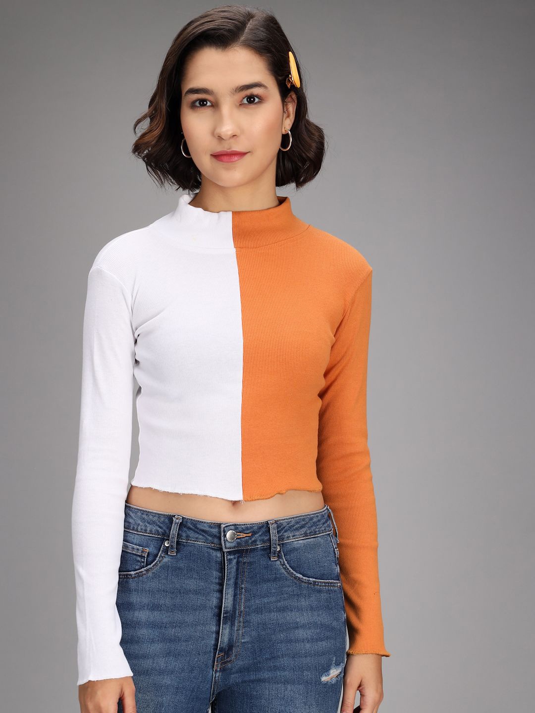 

TANDUL Women Colourblocked High Neck Crop Top, Multi