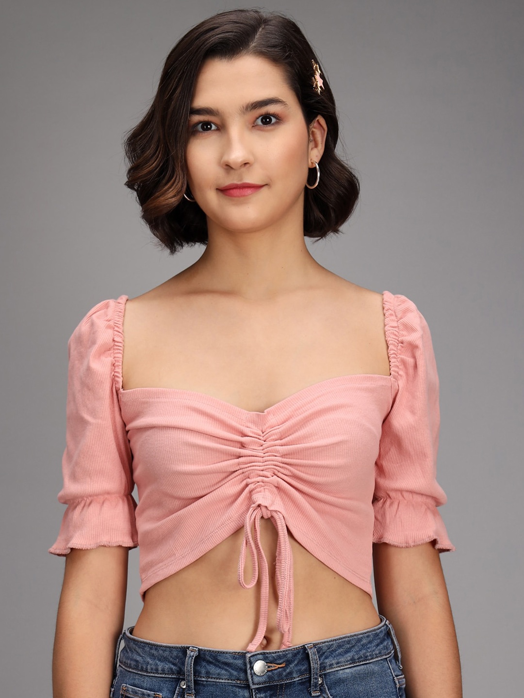 

TANDUL Women Sweetheart Neck Puff Sleeve Crop Top, Pink