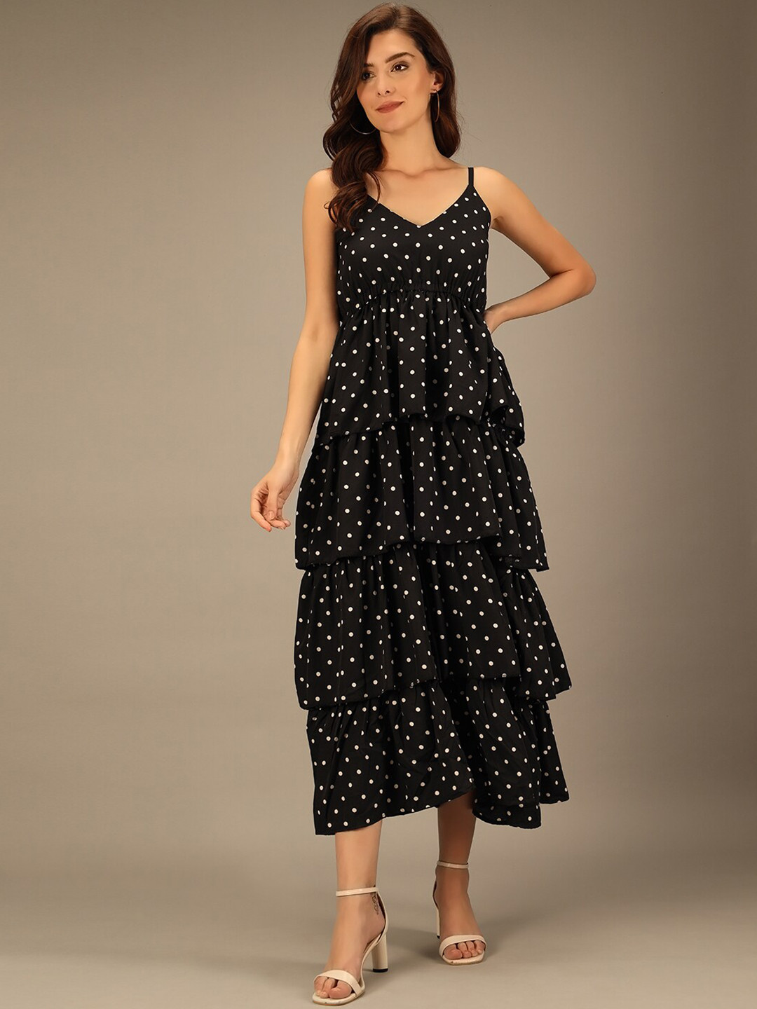 

TANDUL Polka Dot Print Net A-Line Midi Dress, Black