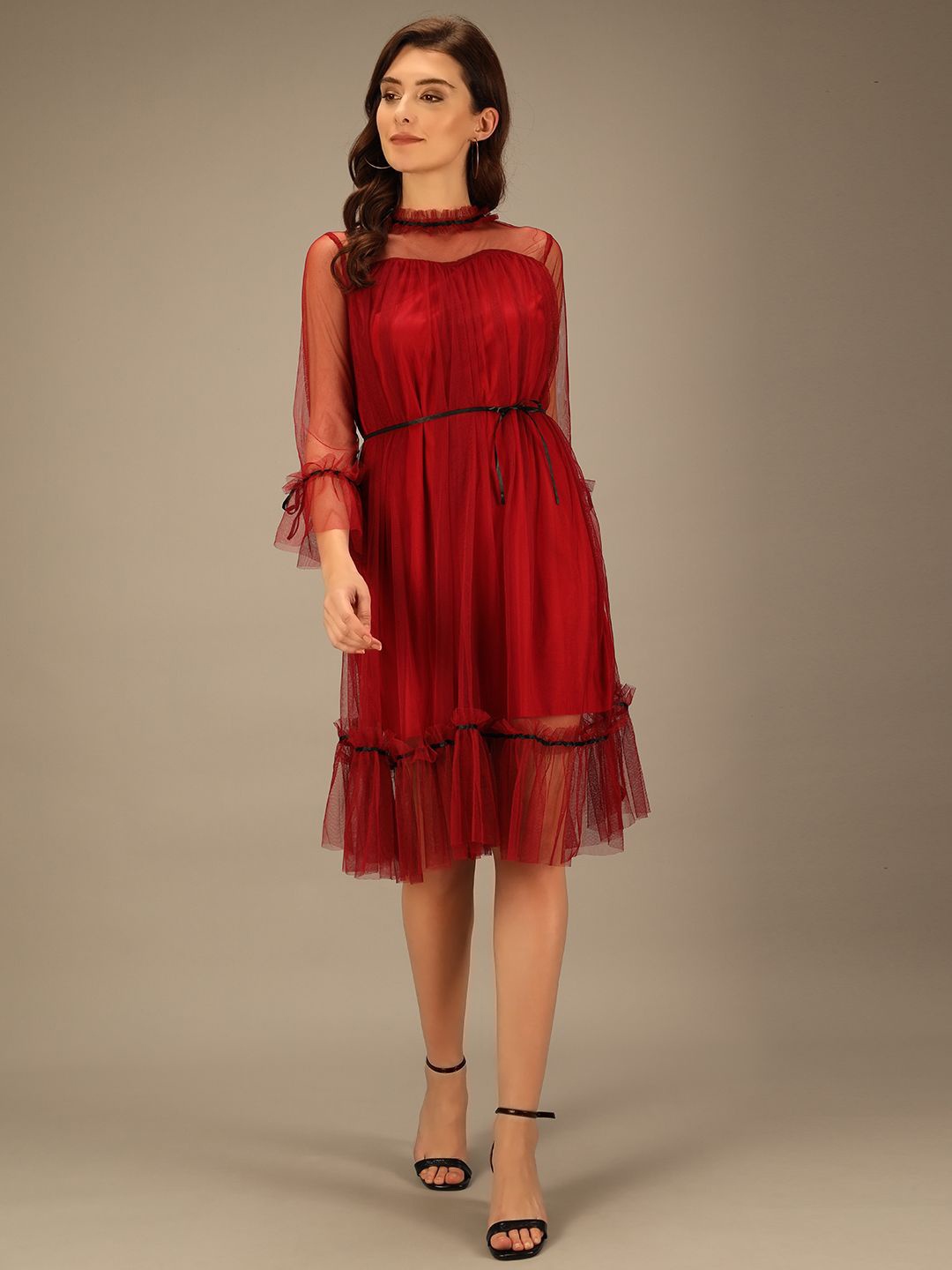 

TANDUL Bell Sleeve Net Fit & Flare Dress, Tan