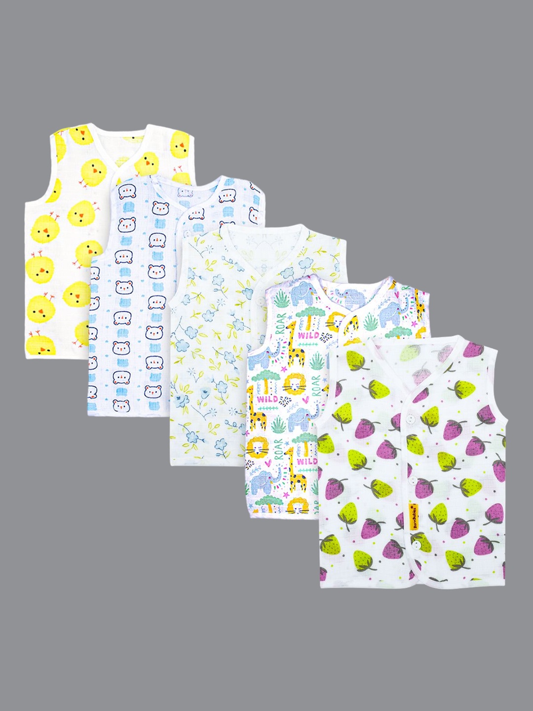 

Born Babies Infants Pack Of 5 Printed Pure Cotton Jhabla Vests, White
