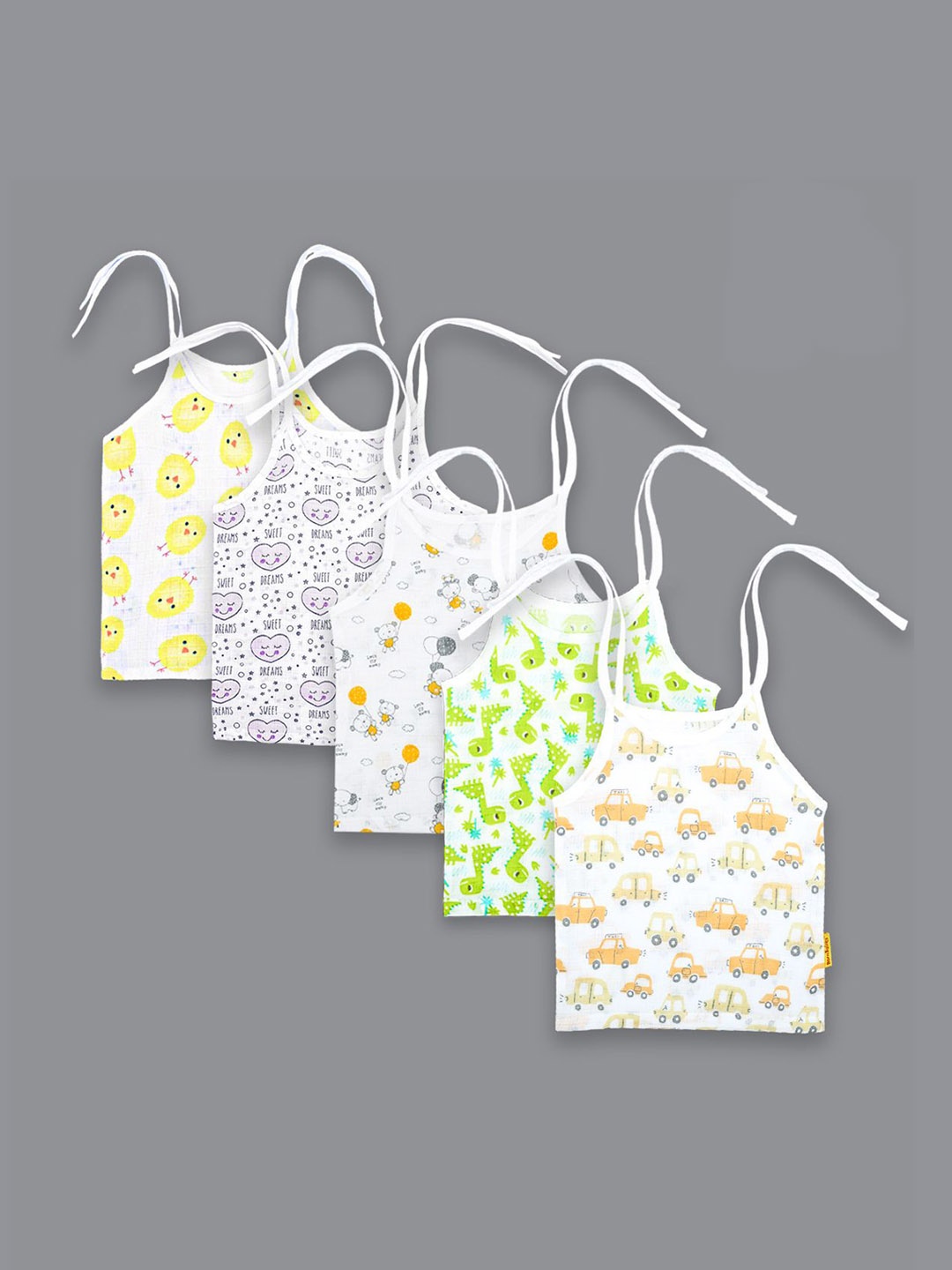 

Born Babies Infants Pack Of 5 Printed Pure Cotton Jhabla Vests, White