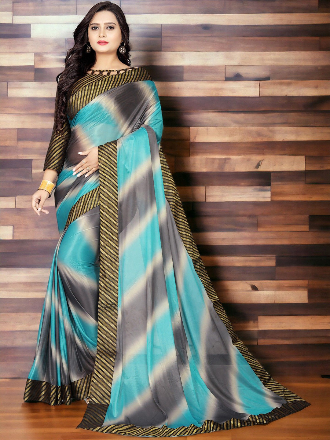 

CARTYSHOP Striped Lycra Wedding And Festive Saree, Blue