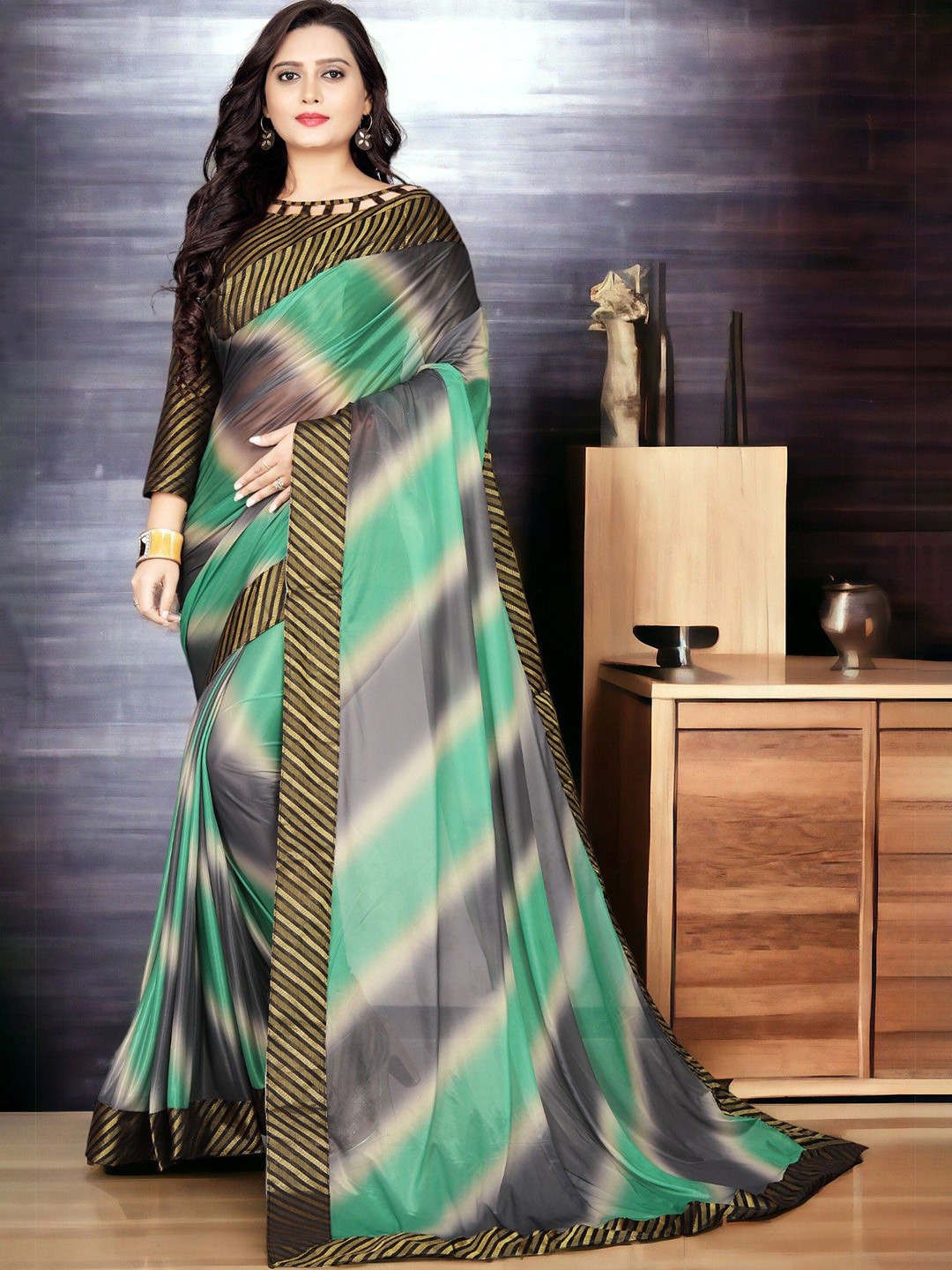 

CARTYSHOP Striped Saree, Green