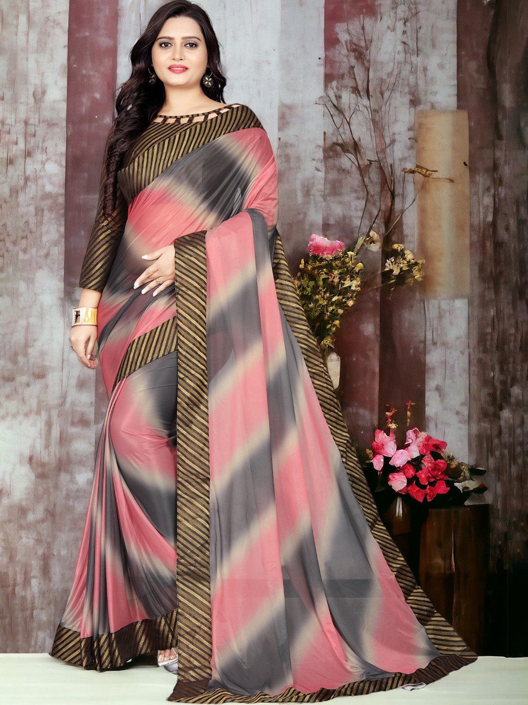 

CARTYSHOP Self Design Lycra Striped Saree, Pink