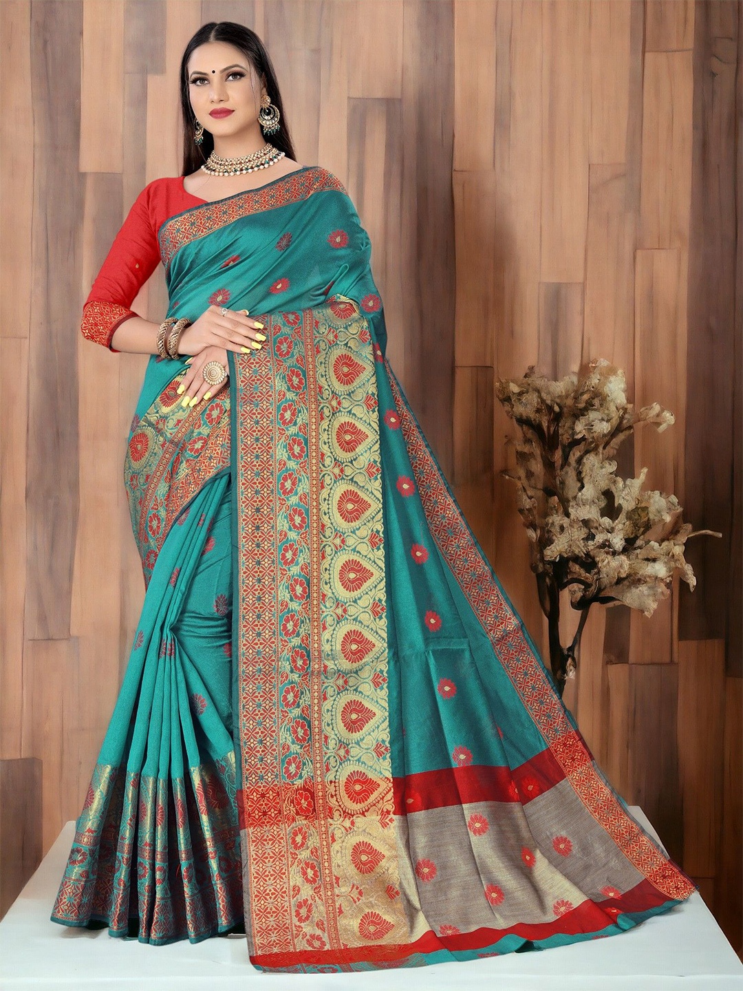 

CARTYSHOP Ethnic Motifs Zari Banarasi Saree With Blouse Piece, Green