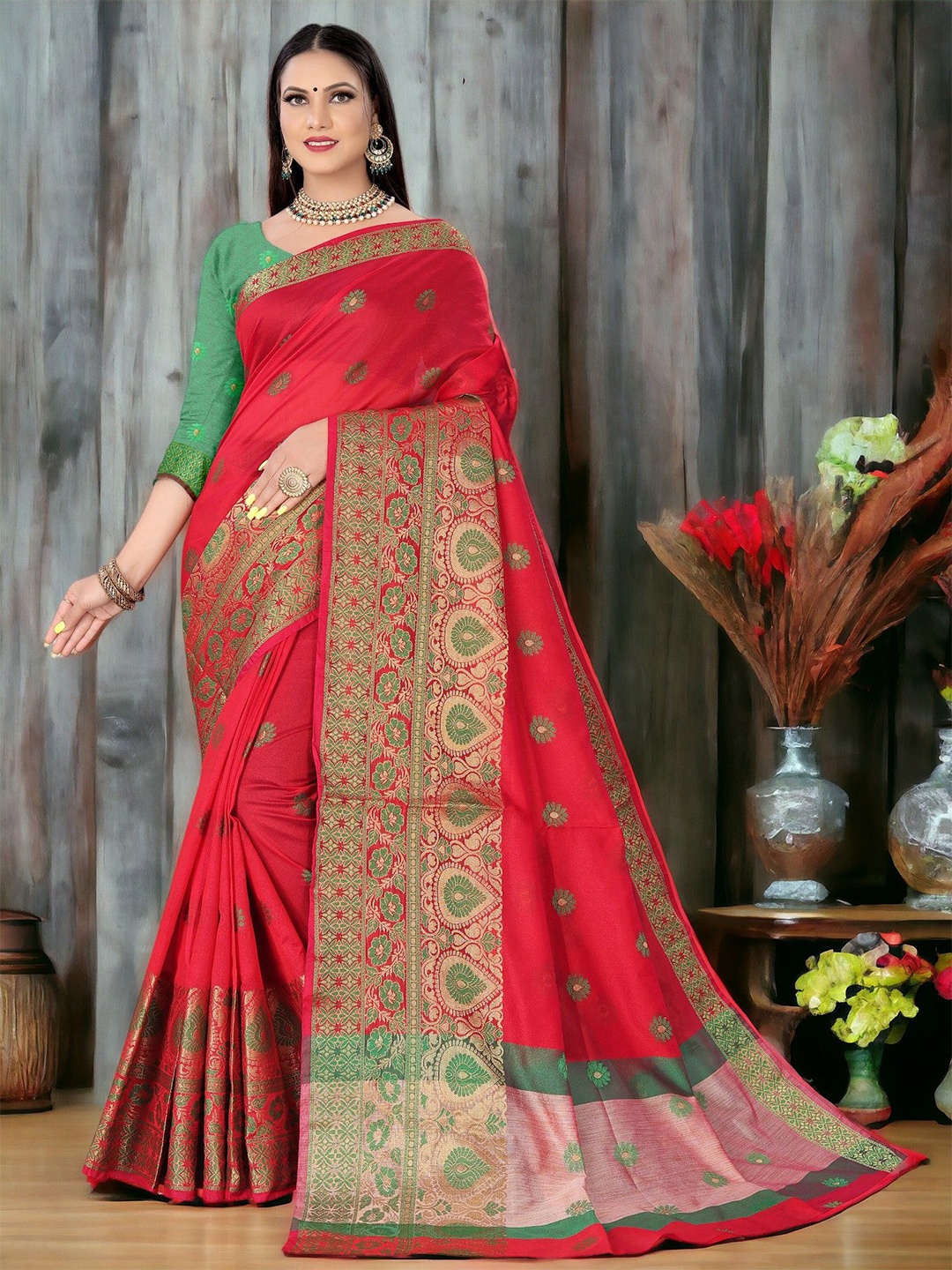 

CARTYSHOP Woven Design Zari Banarasi Saree, Red