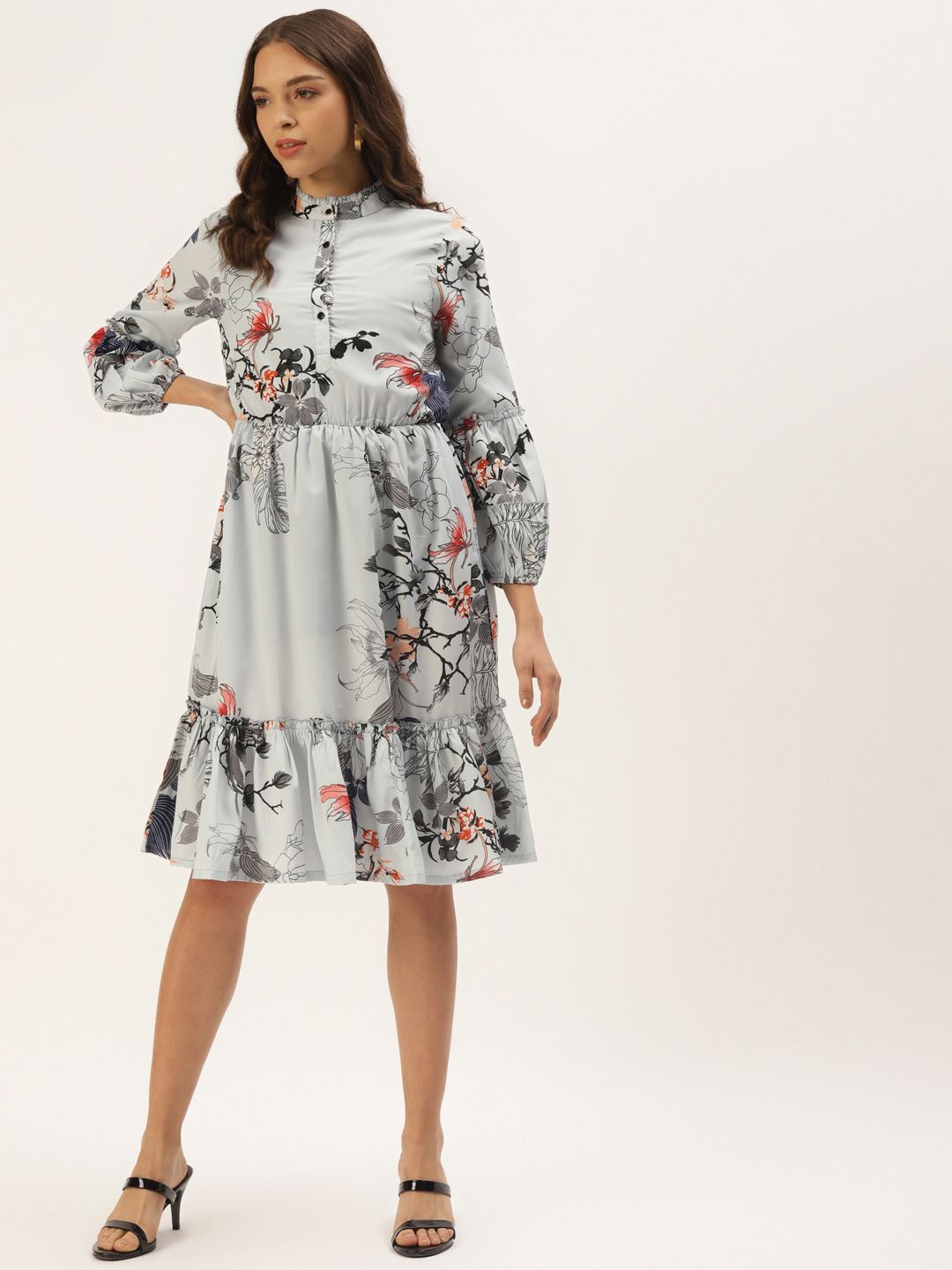 

Zastraa Floral Print Layered Crepe Fit & Flare Dress, Grey