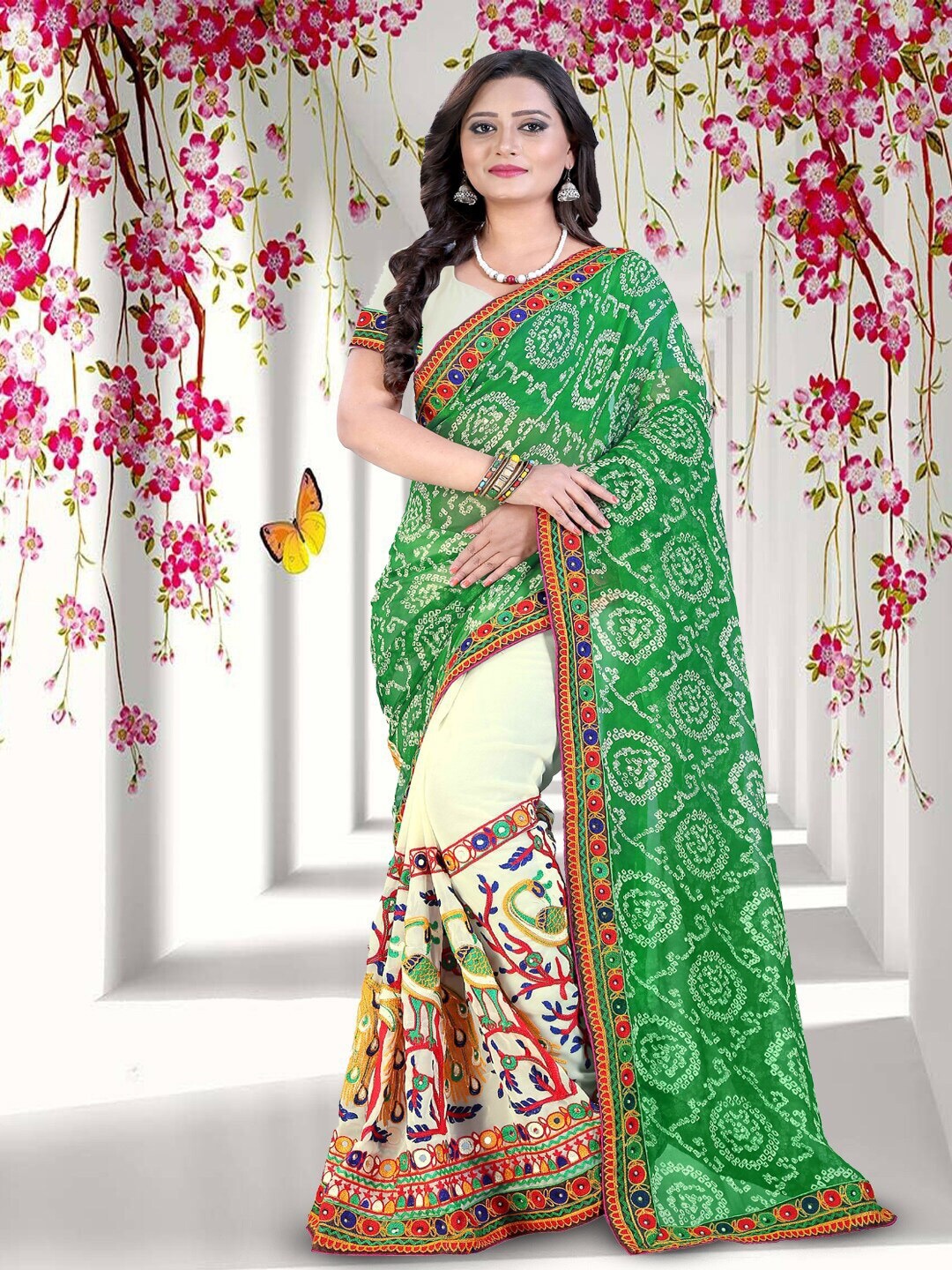 

RAJGRANTH Ethnic Motifs Kutchi Embroidery Pure Georgette Half and Half Saree, Green