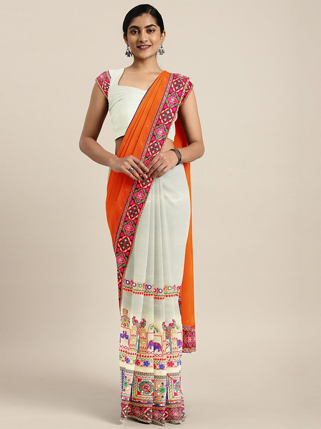 RAJGRANTH Ethnic Motifs Kutchi Embroidery Pure Georgette Half and Half Saree, Orange