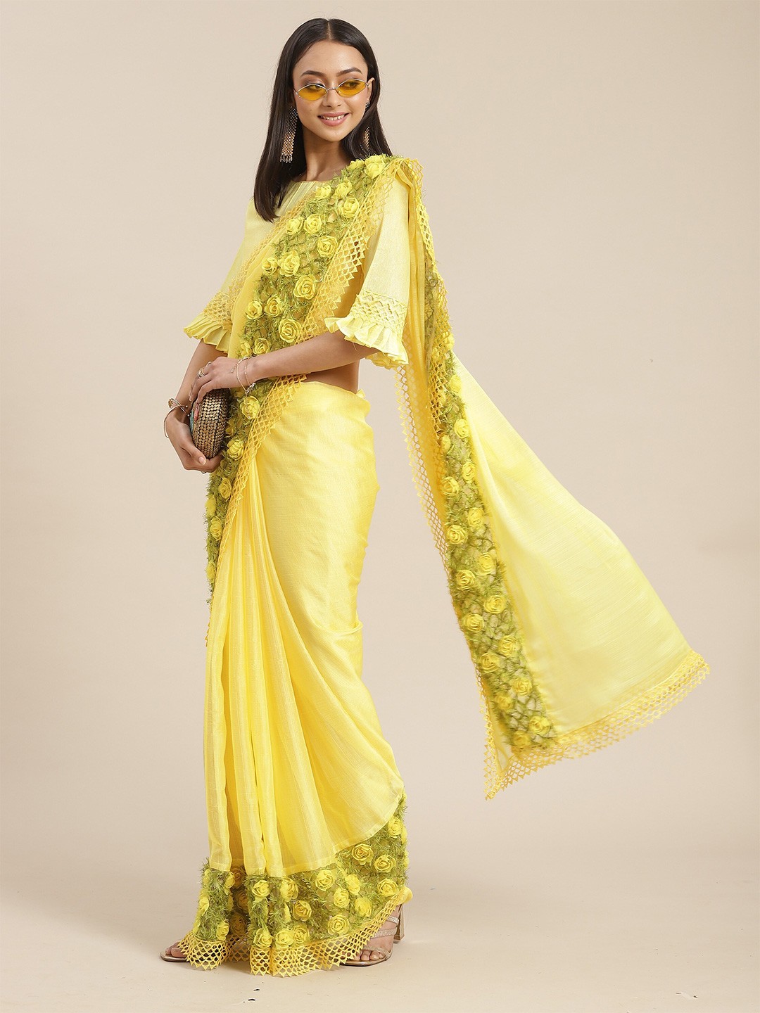 

RAJGRANTH Embroidered Pure Chiffon Saree, Yellow