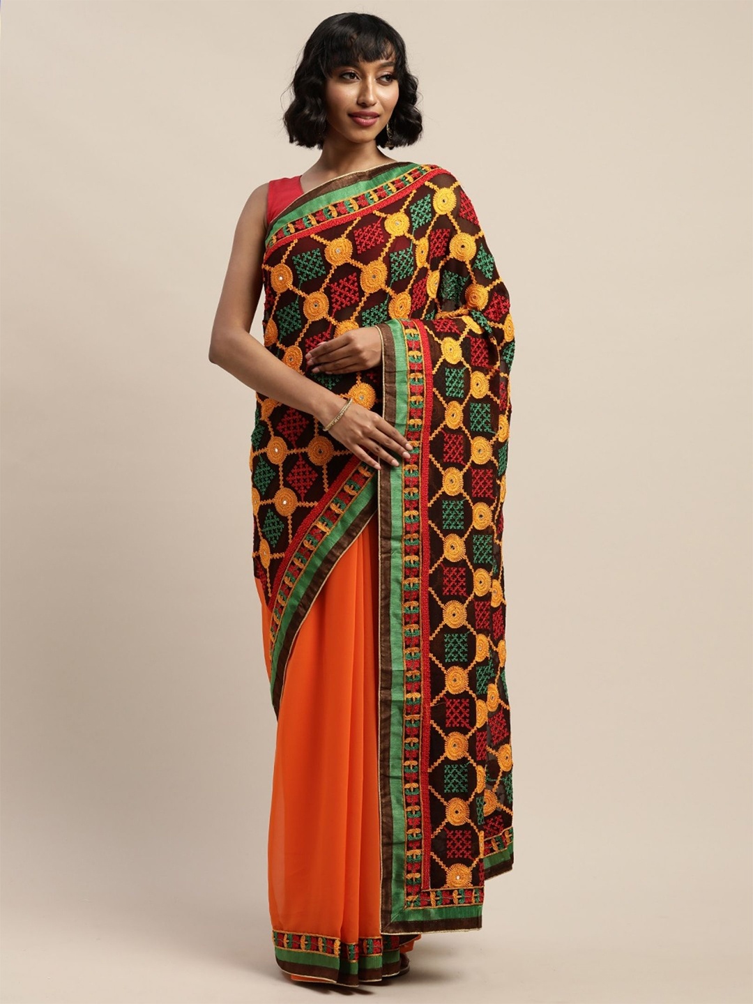 

RAJGRANTH Ethnic Motifs Kutchi Embroidery Pure Georgette Heavy Work Saree, Orange
