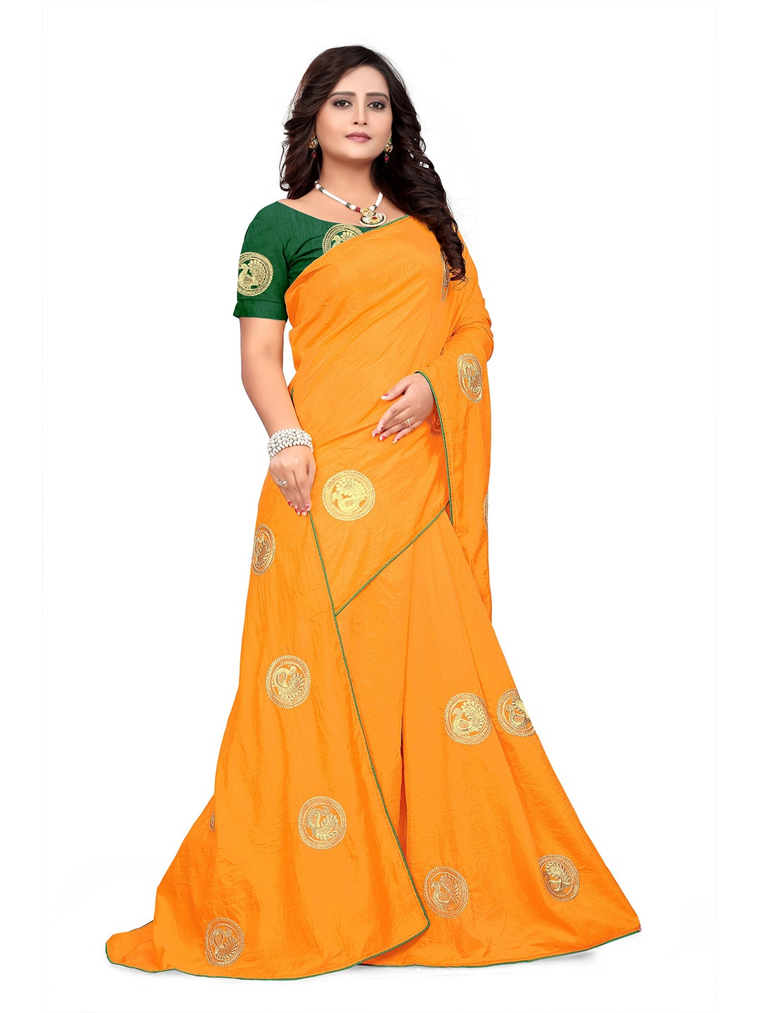 

RAJGRANTH Ethnic Motifs Embroidered Art Silk Saree, Orange