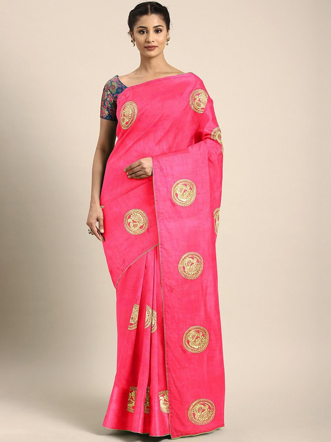 

RAJGRANTH Ethnic Motifs Embroidered Art Silk Saree, Pink