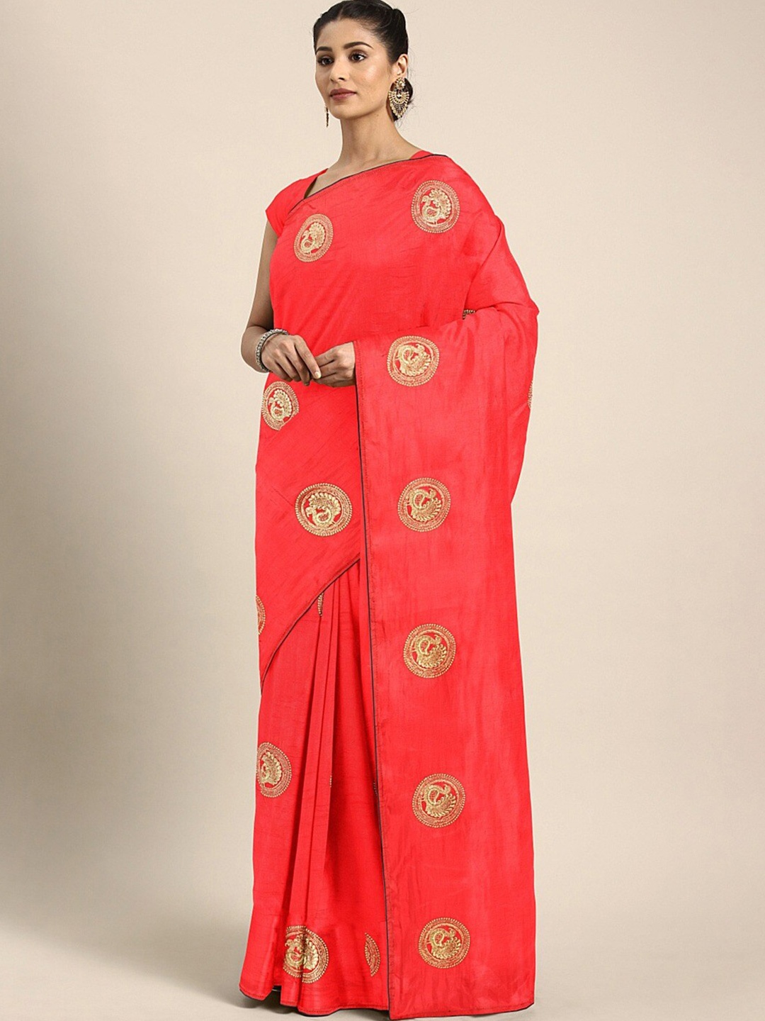 

RAJGRANTH Ethnic Motifs Embroidered Art Silk Saree, Red