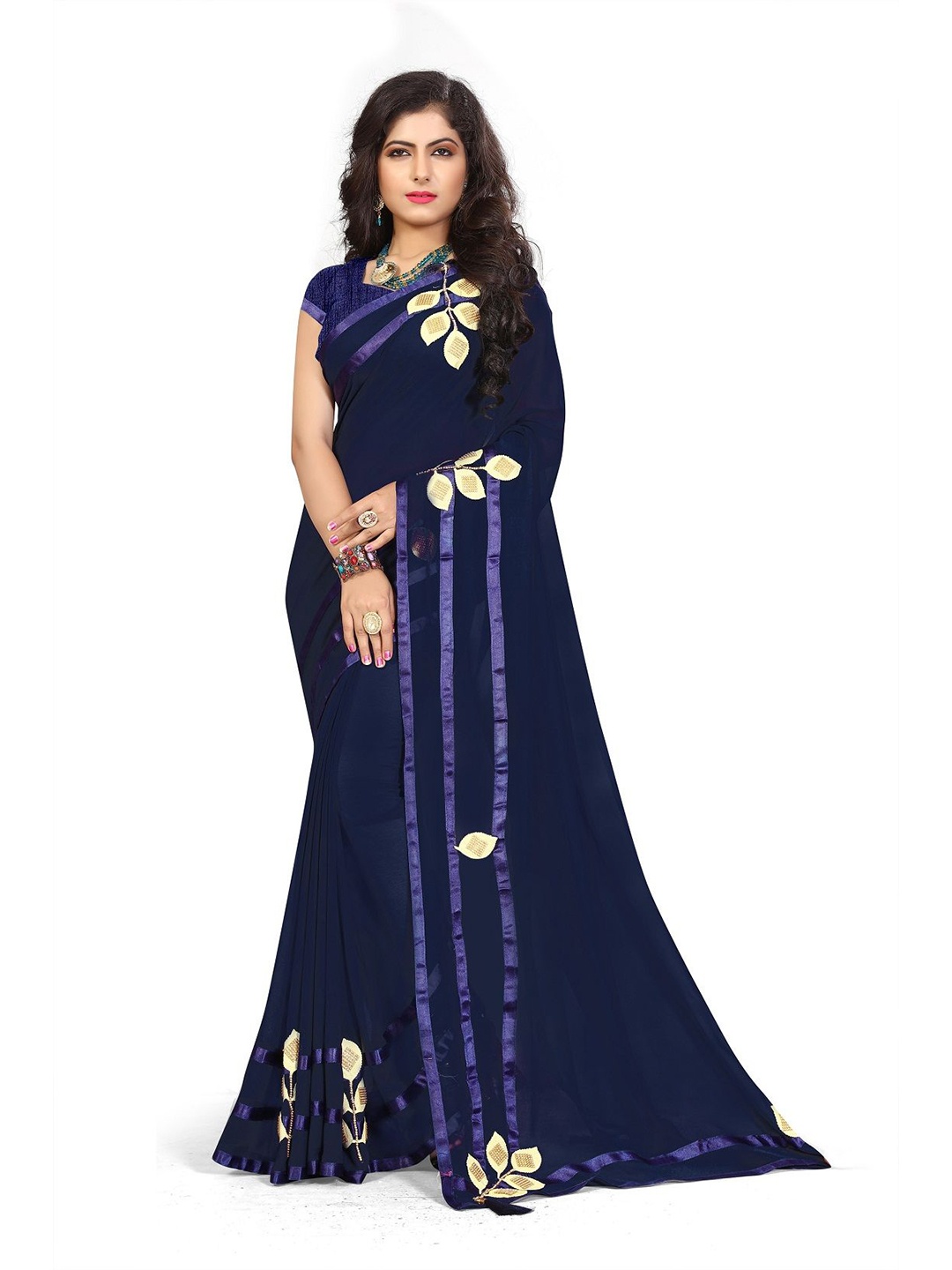 

RAJGRANTH Floral Embroidered Pure Georgette Saree With Blouse Piece, Navy blue