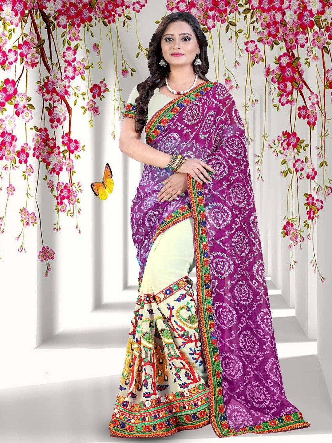 

RAJGRANTH Ethnic Motifs Kutchi Embroidery Half and Half Pure Georgette Saree, Pink