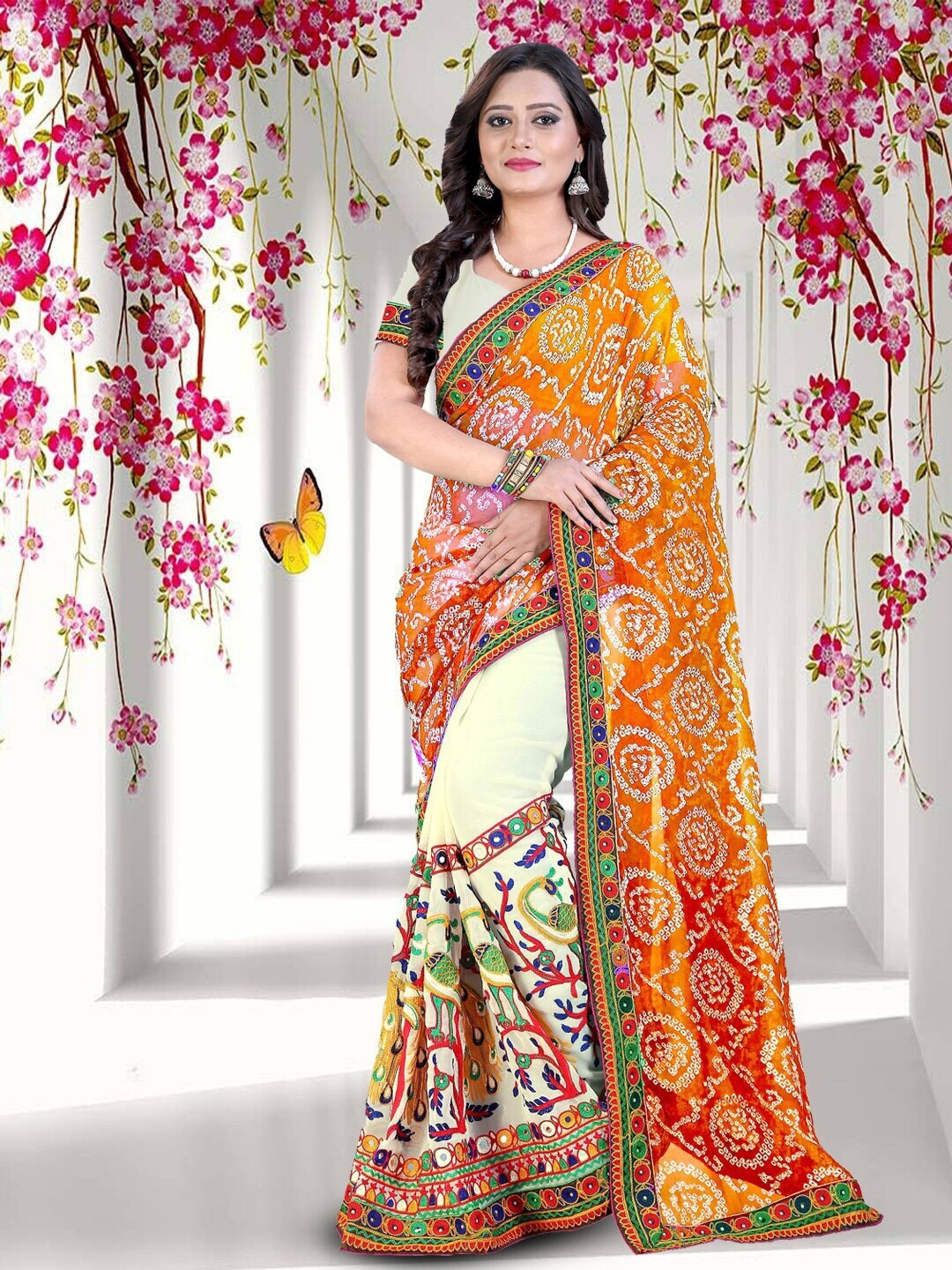 

RAJGRANTH Ethnic Motifs Kutchi Embroidery Half and Half Pure Georgette Saree, Orange