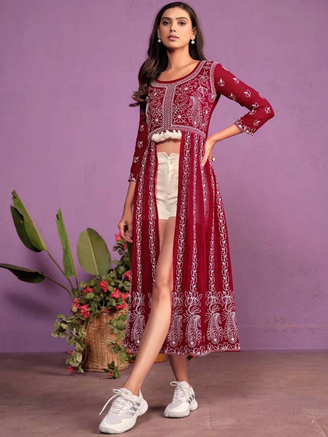 

Sangria Women Chikankari Embroidered Round Neck Kurta, Red