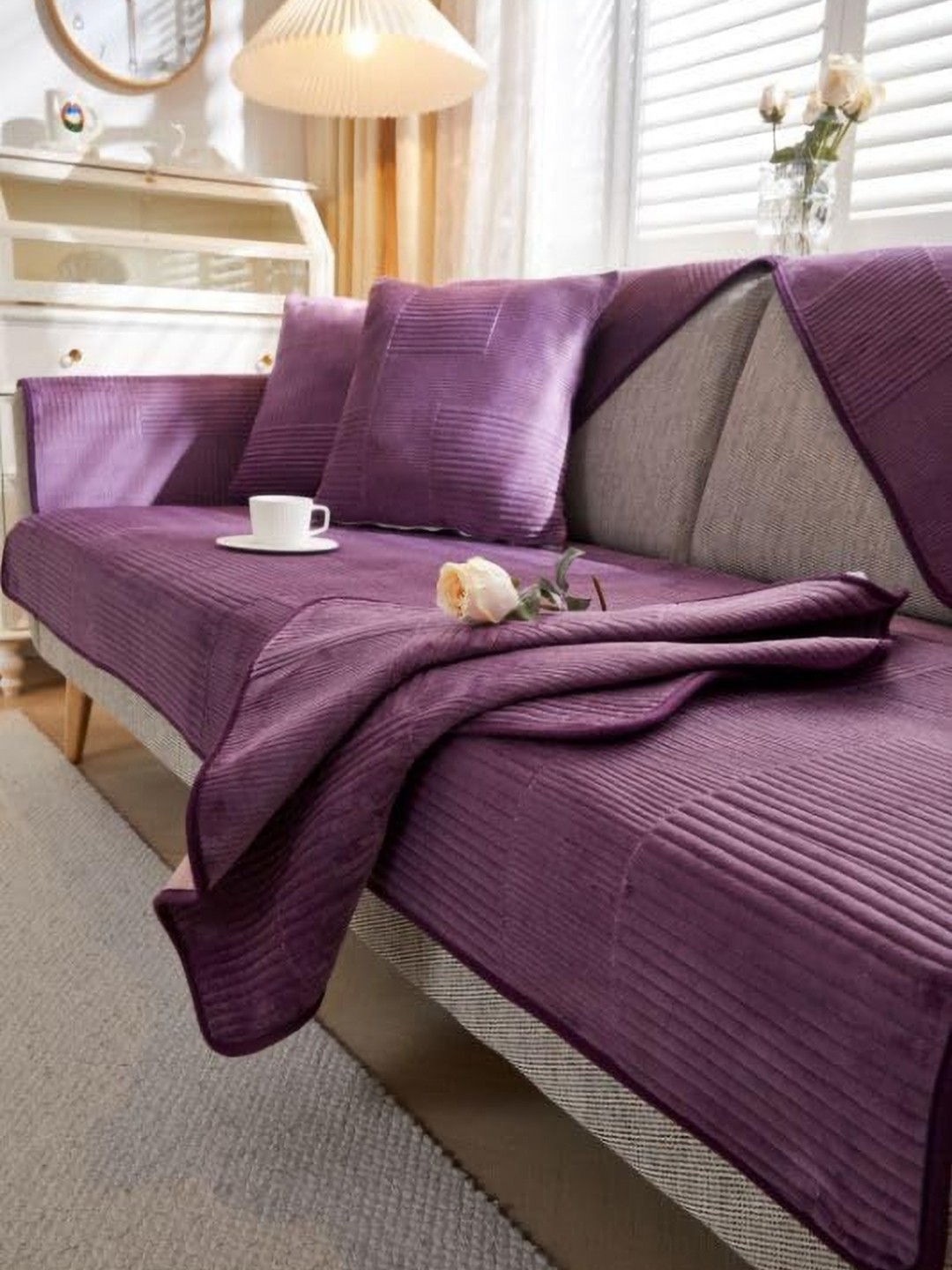 

HomeCloud Purple Striped Velvet 1 Piece Sofa Cover