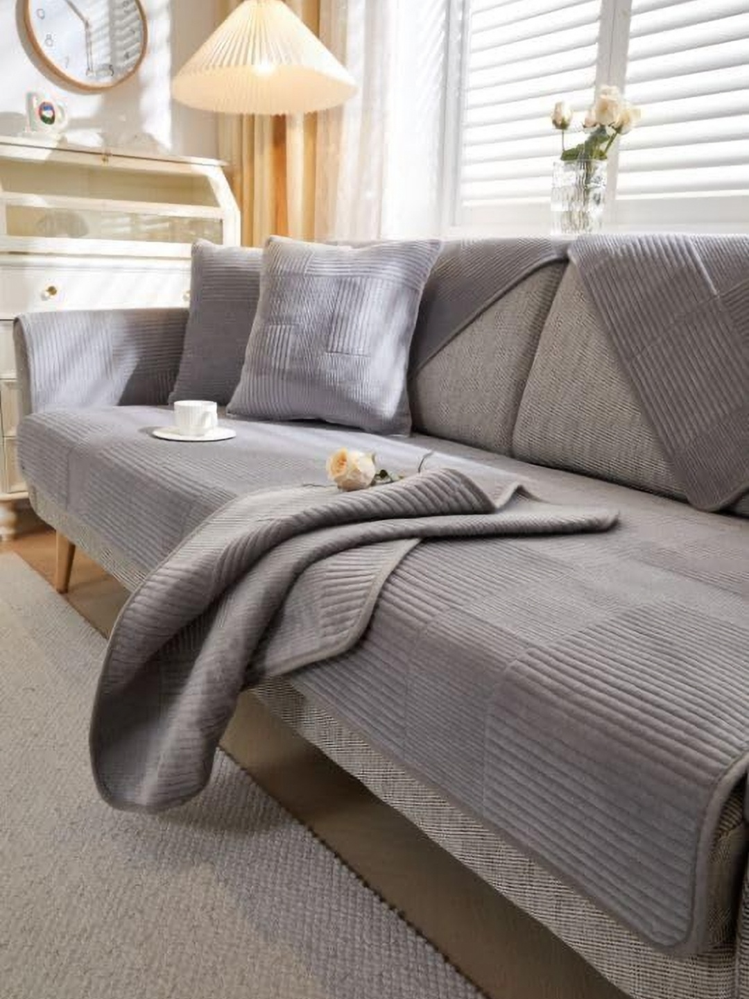 

HomeCloud Grey Striped Velvet 1 Piece Sofa Cover