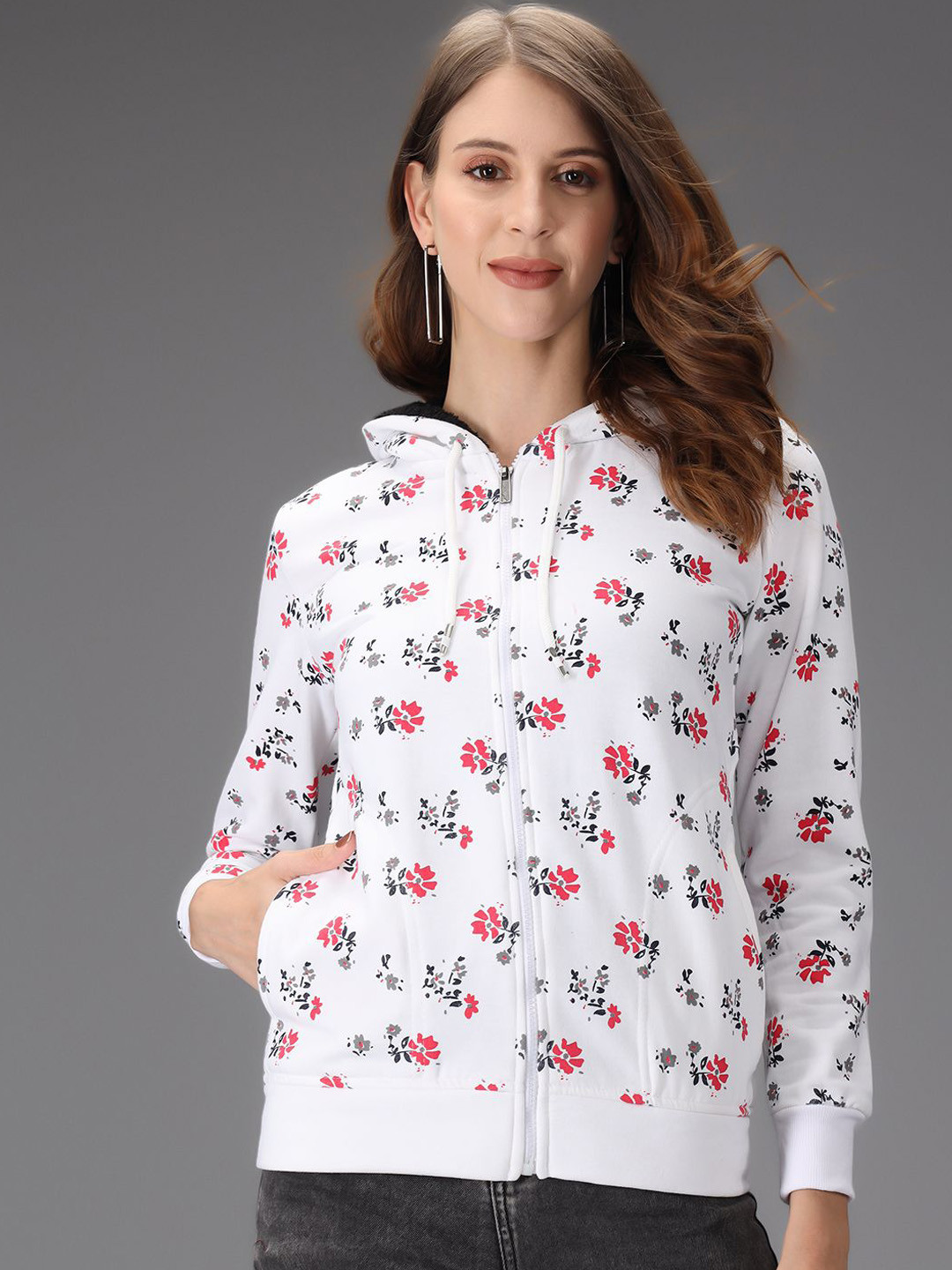 

TANDUL Women Floral Crop Bomber Jacket, White