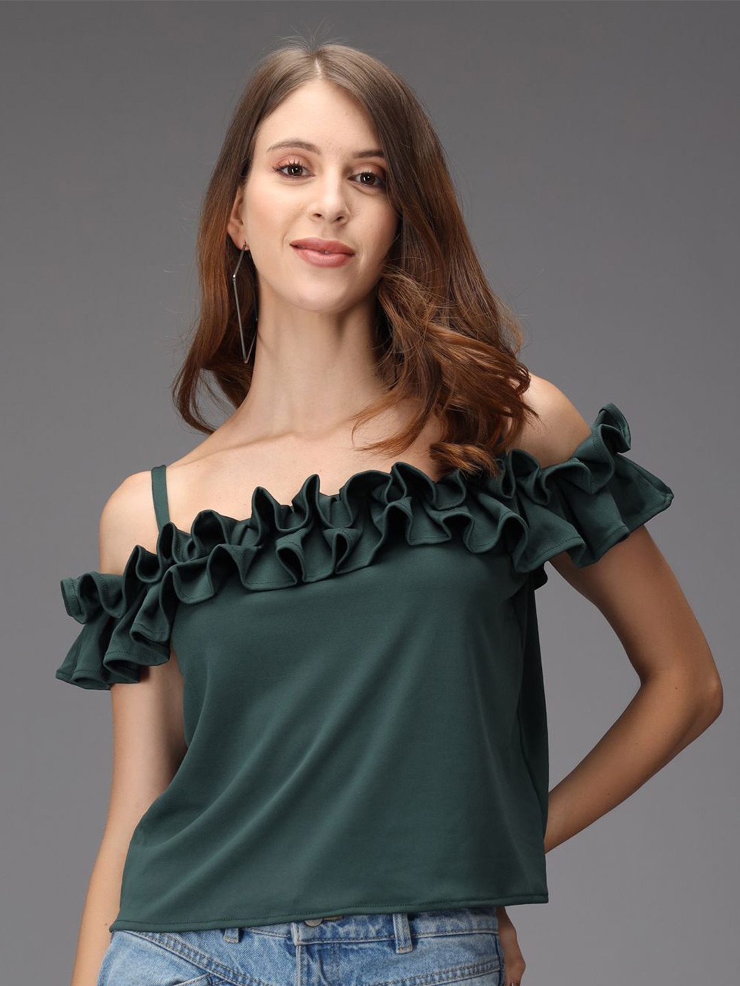 

TANDUL Women Short Sleeves Bardot Top, Green