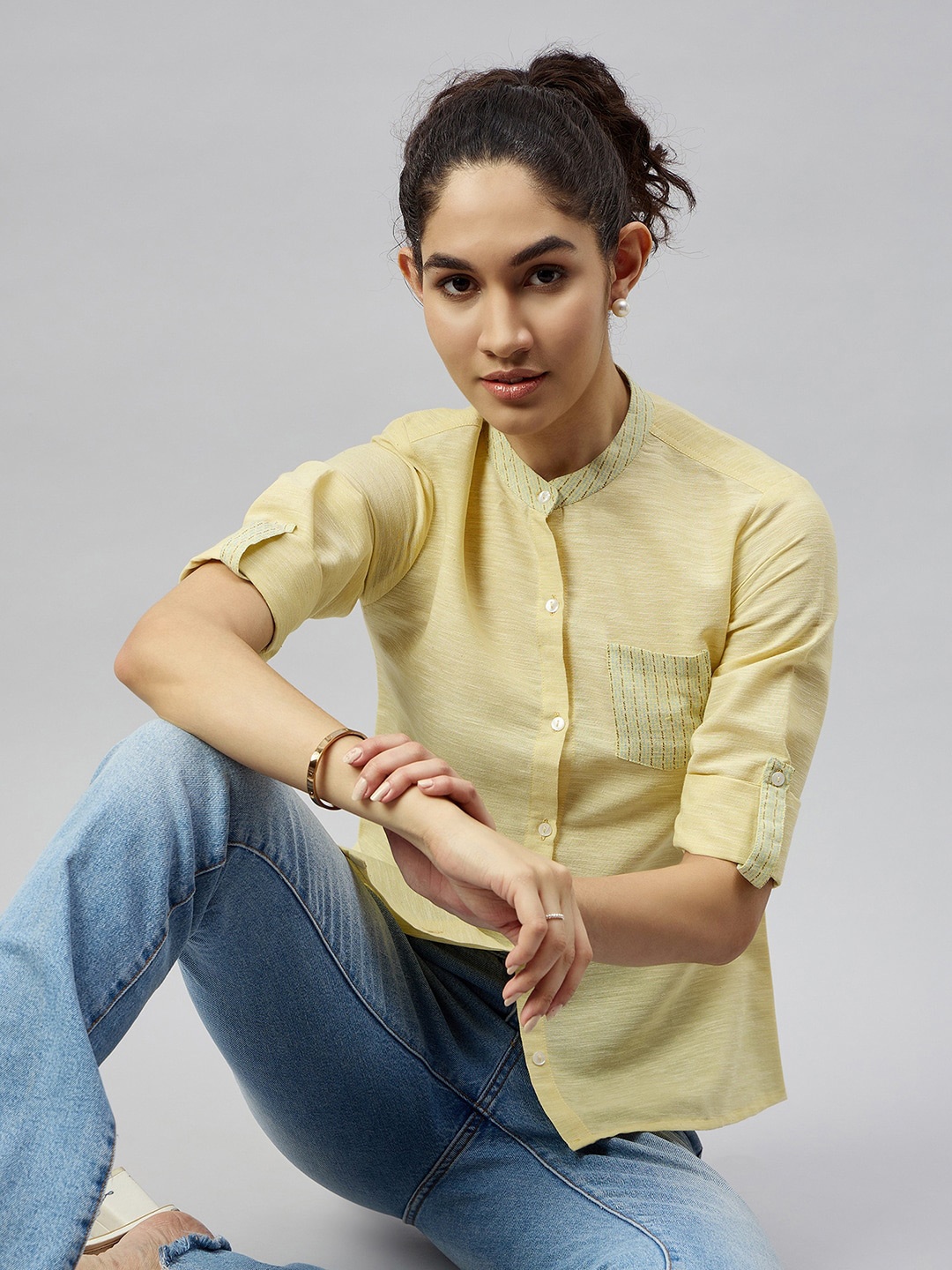 

The Roadster Lifestyle Co Women Solid Cotton Casual Shirt, Yellow