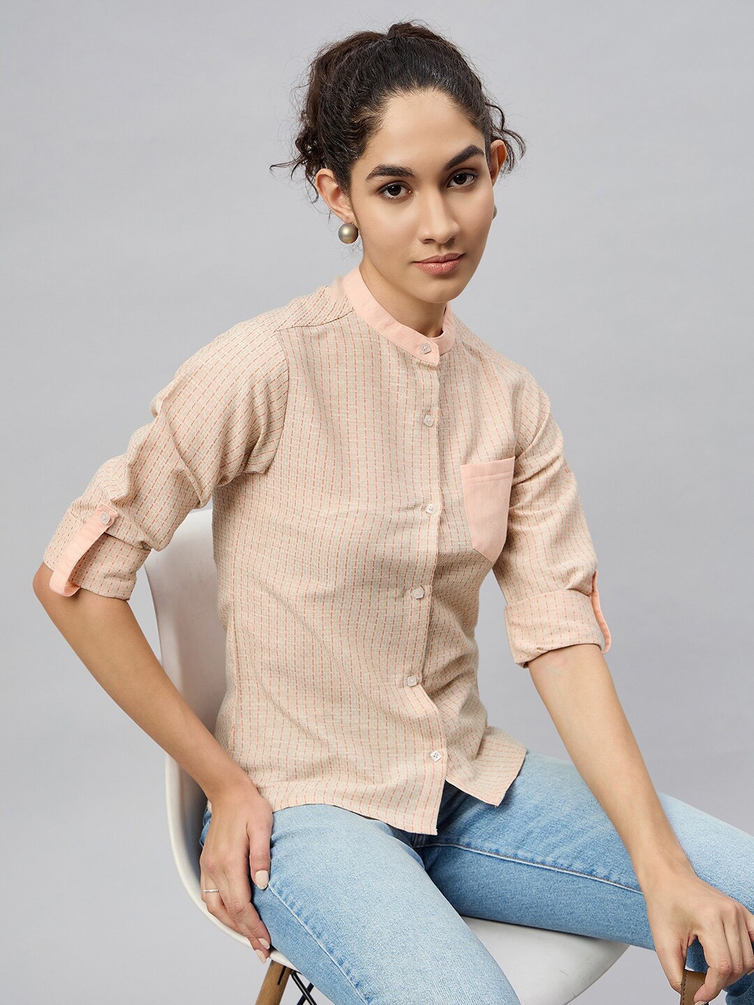 

The Roadster Lifestyle Co Women Self Design Cotton Casual Shirt, Orange