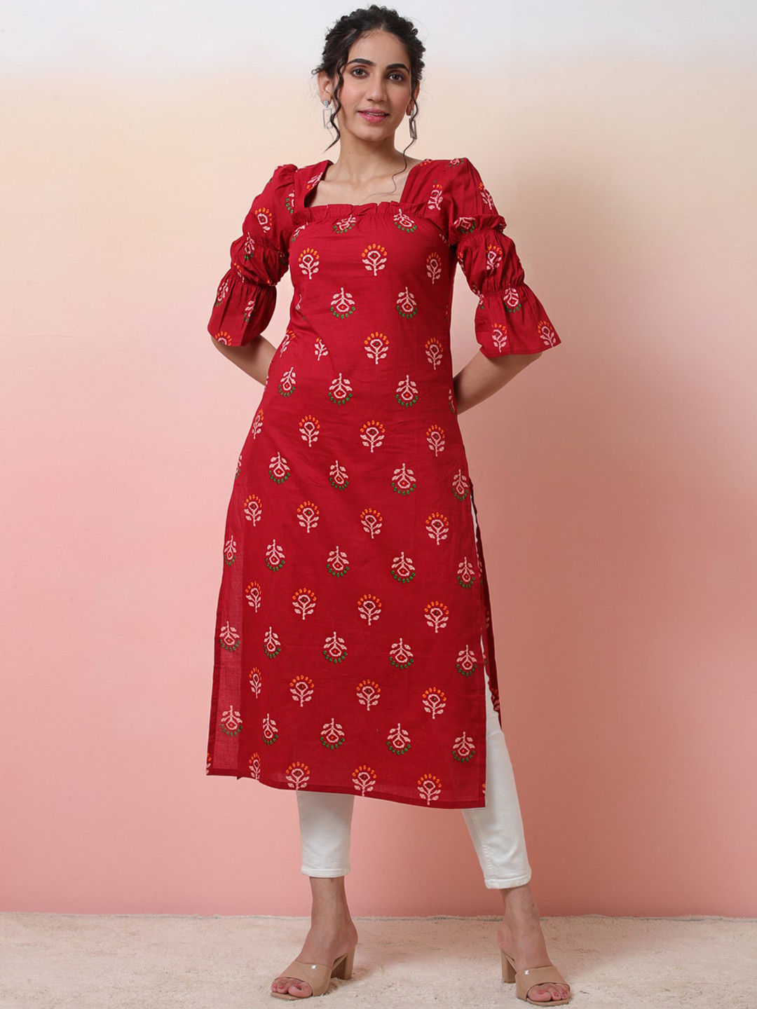 

Sangria Ethnic Motif-Printed Cotton Straight Kurta, Red