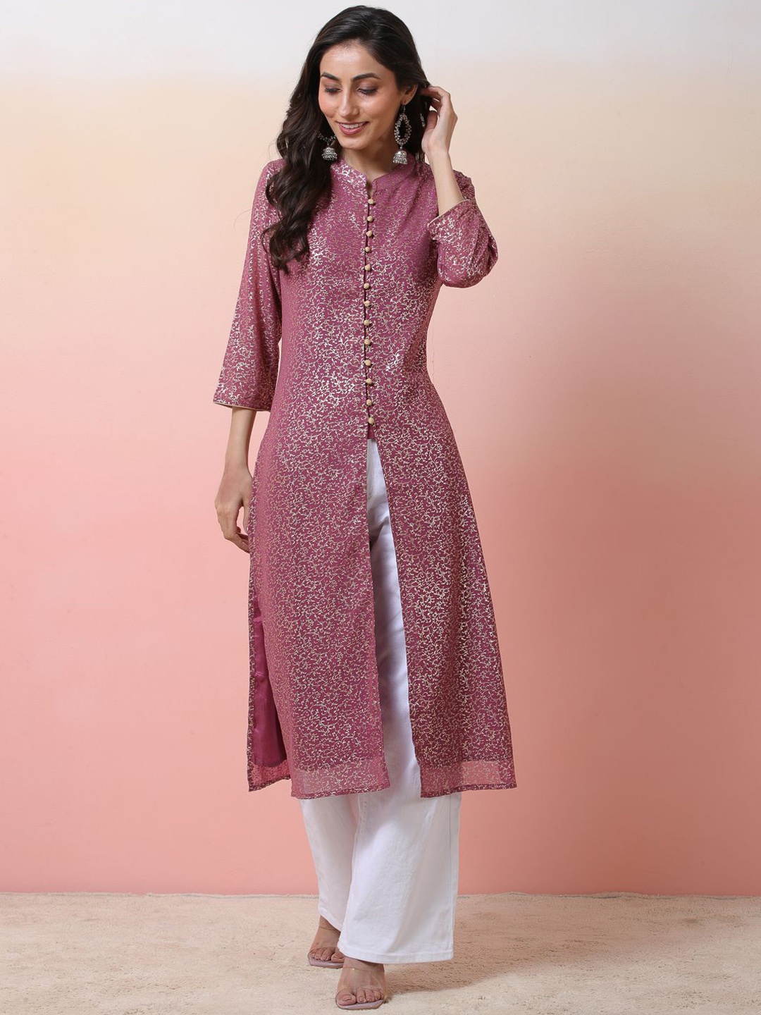 

Sangria Women Ethnic Motif-Printed Georgette Mandarin Collar Straight Kurta, Pink