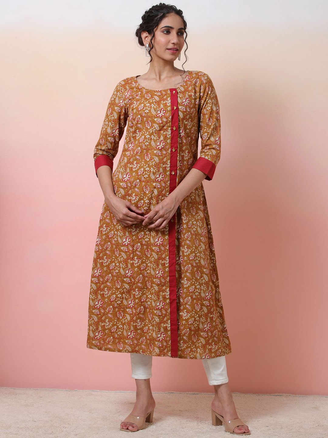 

Sangria Women Floral-Printed Cotton A-Line Kurta, Mustard