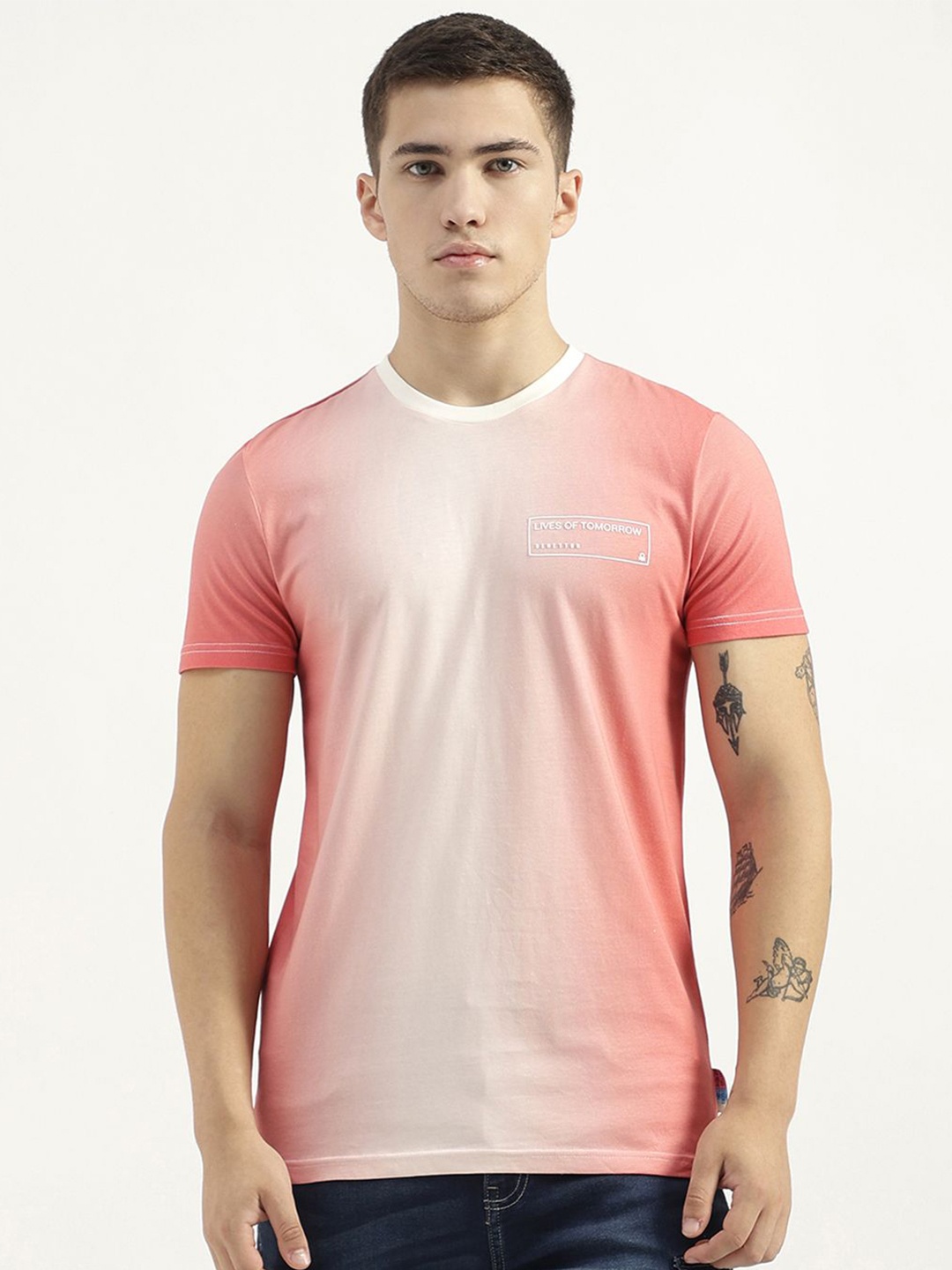 United Colors of Benetton Men Pure Cotton Ombre T-shirt, Red