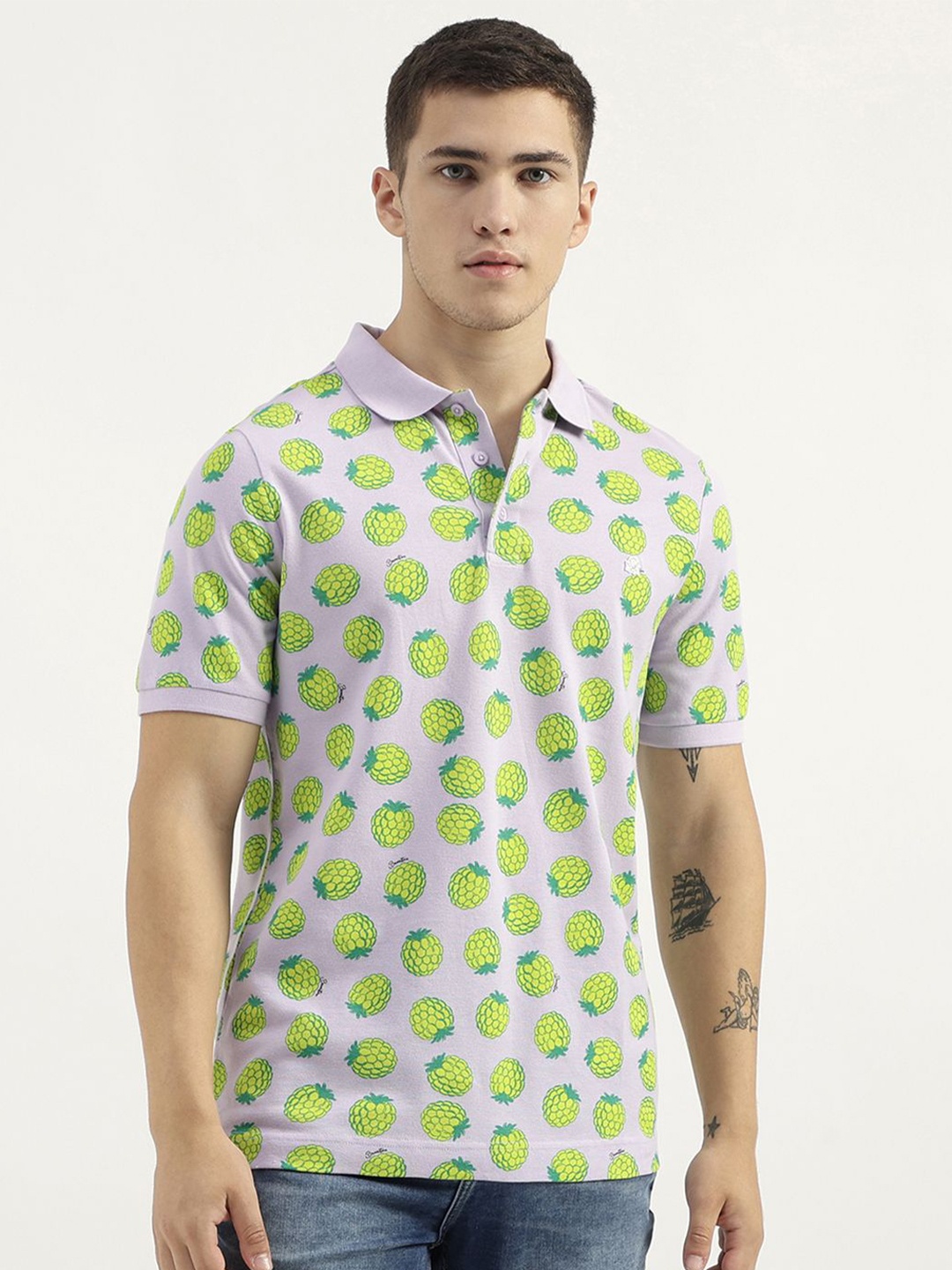 

United Colors of Benetton Men Printed Polo Collar Tropical Pure Cotton Pockets T-shirt, Purple