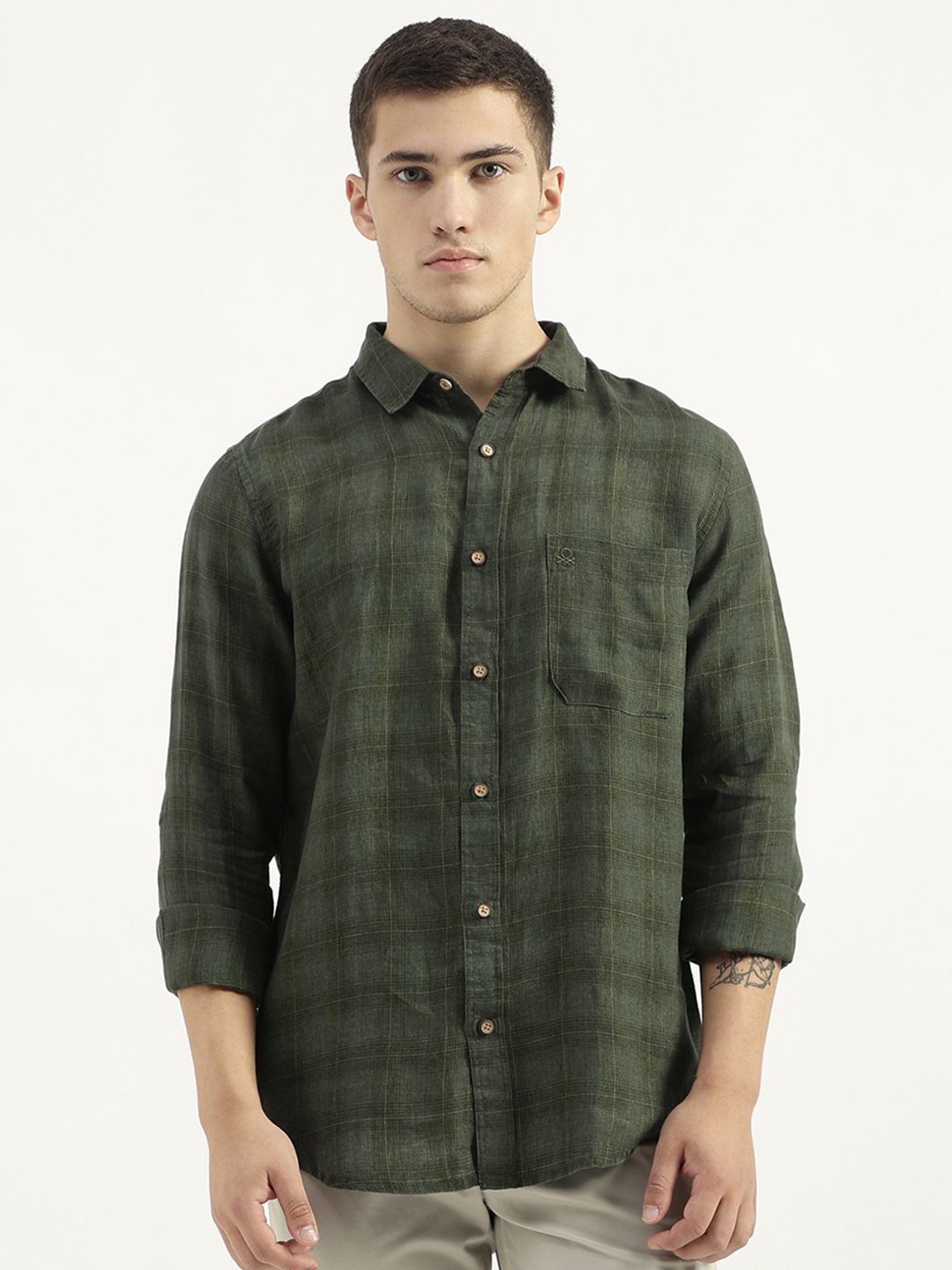 

United Colors of Benetton Men Tartan Checks Opaque Checked Casual Shirt, Green