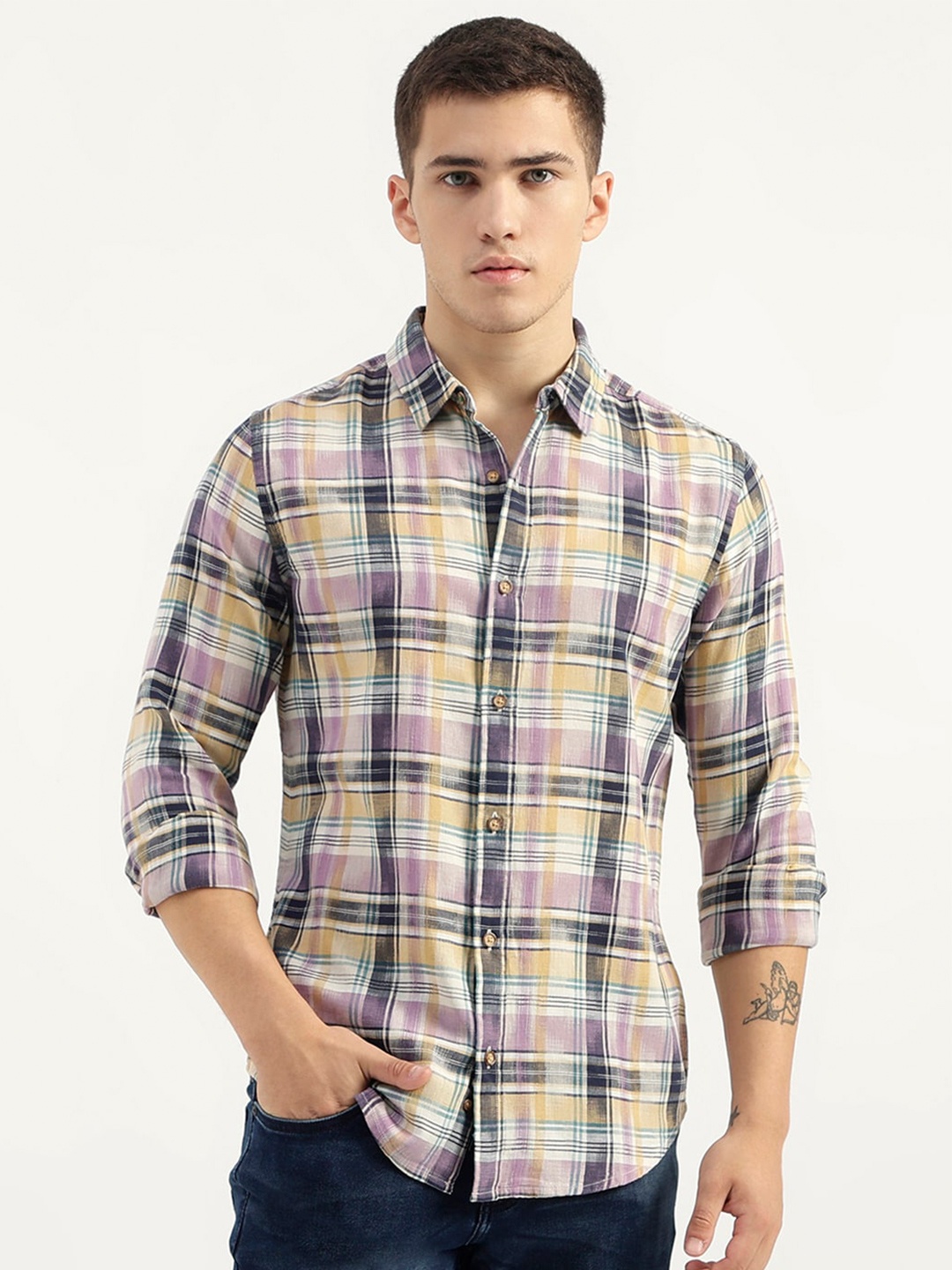 

United Colors of Benetton Slim Fit Tartan Checked Spread Collar Pure Cotton Casual Shirt, White