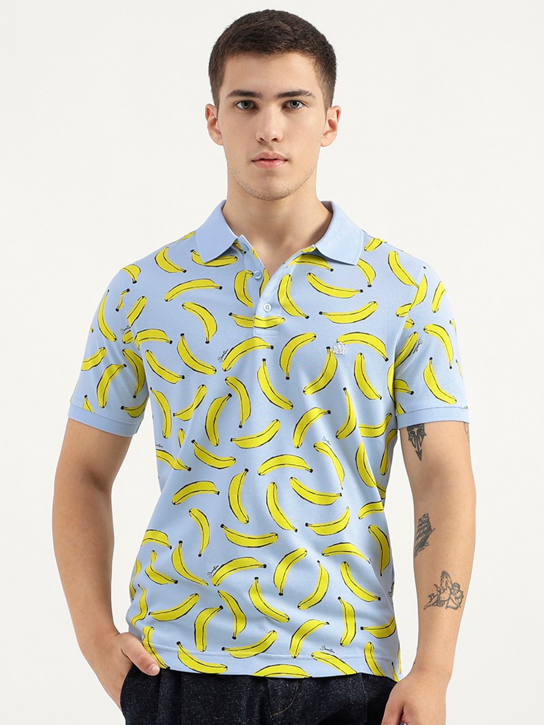 United Colors of Benetton Men Printed Polo Collar Pure Cotton Pockets T-shirt, Blue
