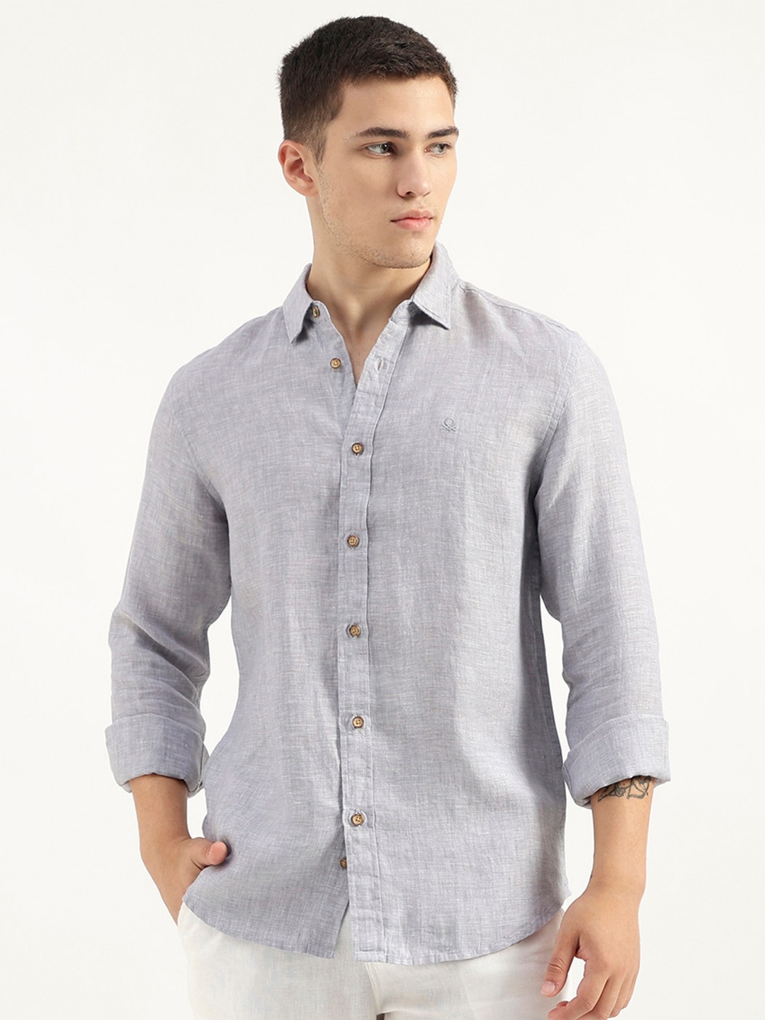 

United Colors of Benetton Spread Collar Long Sleeves Pure Linen Casual Shirt, Grey