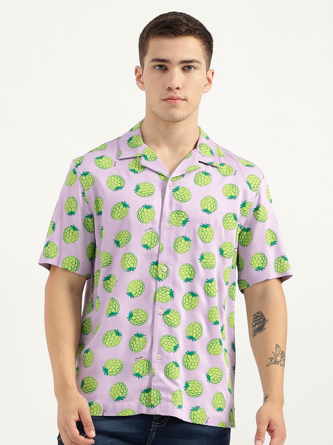 United Colors of Benetton Men Opaque Printed Casual Shirt, Purple