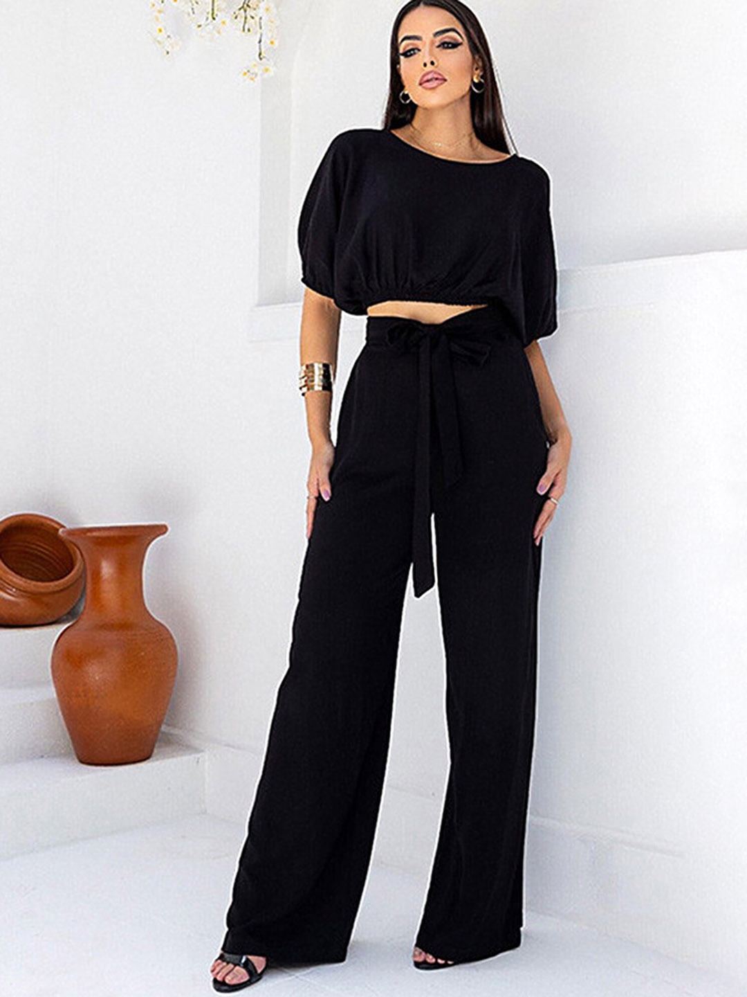 

LULU & SKY Round Neck Top & Knot-tie Pants, Black