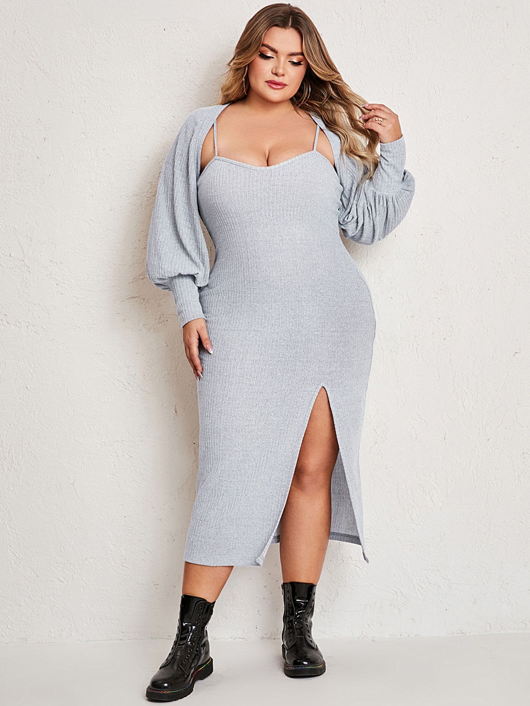 

LULU & SKY Plus Size Ribbed Shoulder Straps Sheath Midi Dress With Bolero Jacket, Grey