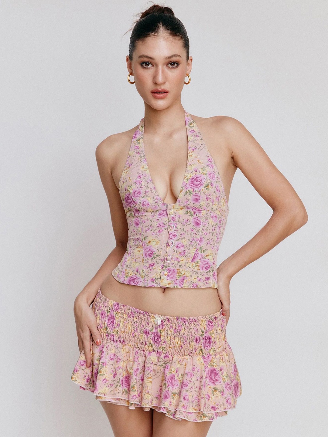 

LULU & SKY Floral Lattice Halter Neck Top & Skater Skirt Co-Ords Set, Pink