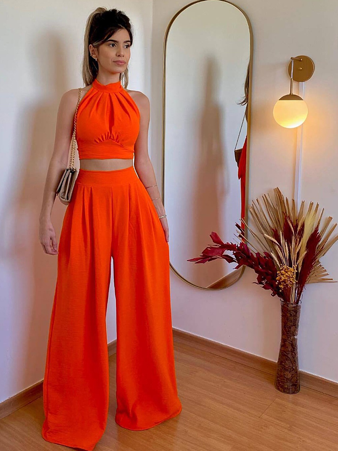 

LULU & SKY Halter Crop Top & Ultra-Wide Palazzos Co-Ord Set, Orange