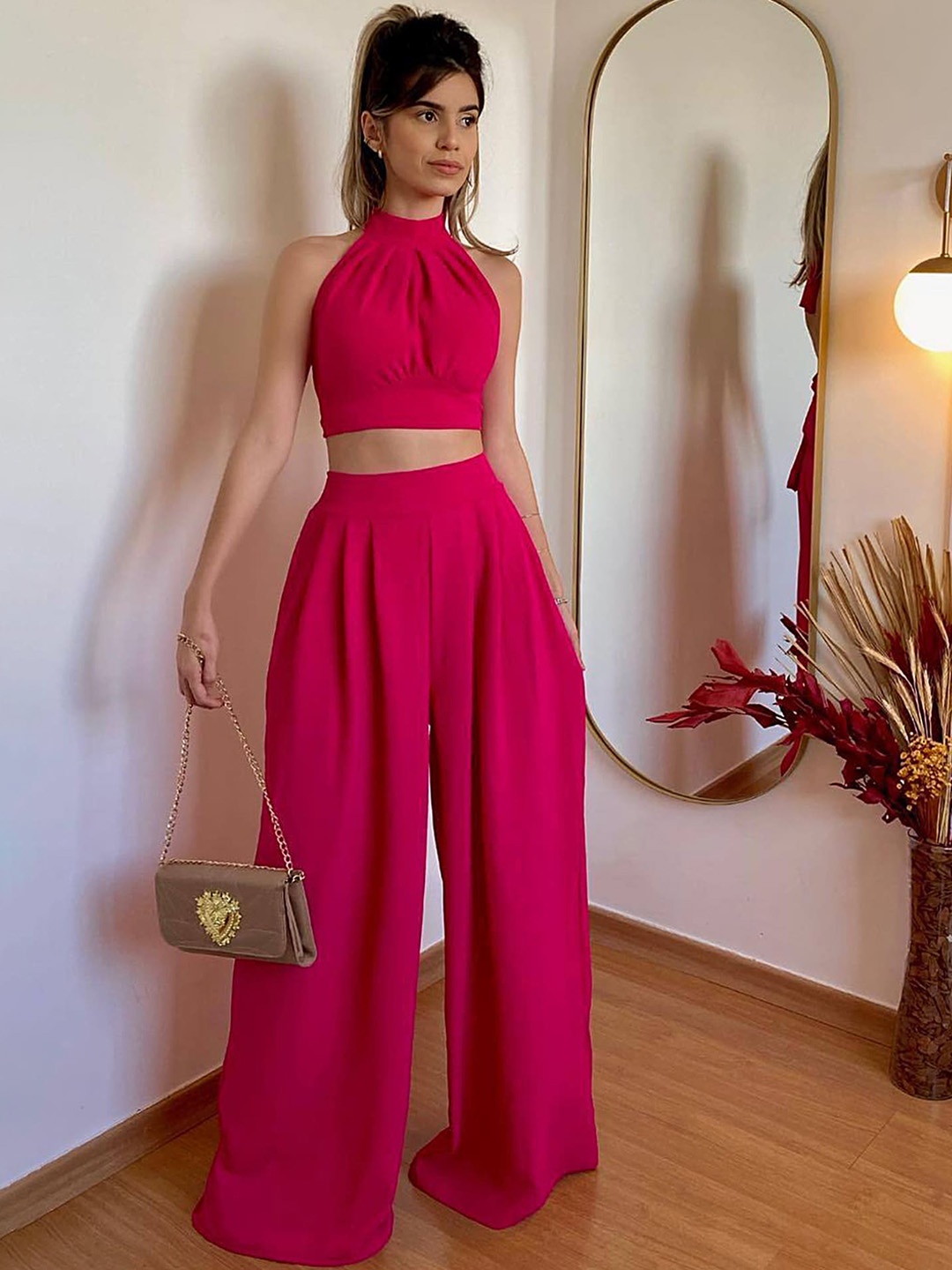 

LULU & SKY Halter Neck Crop Top With Ultra-Wide Palazzos, Pink