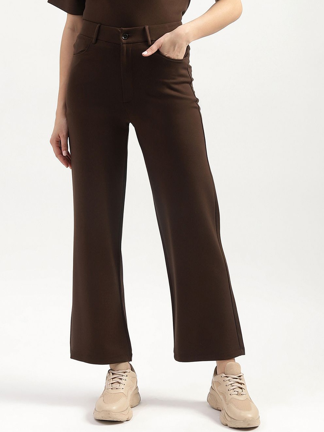 

United Colors of Benetton Women Straight Fit High-Rise Trousers, Brown