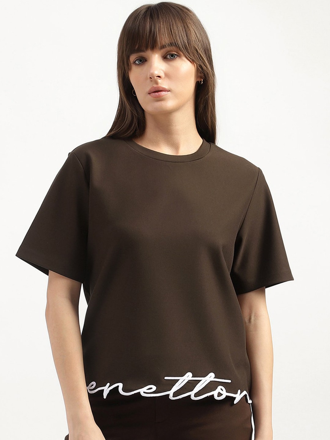 

United Colors of Benetton Women Round Neck Solid T-shirt, Brown