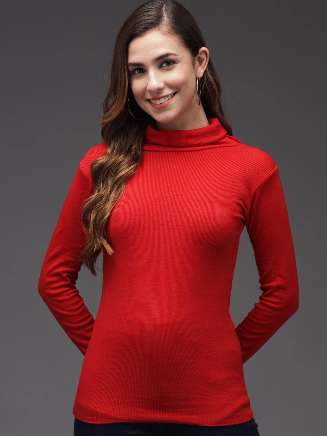 

TANDUL Women High Neck Long Sleeves Top, Red